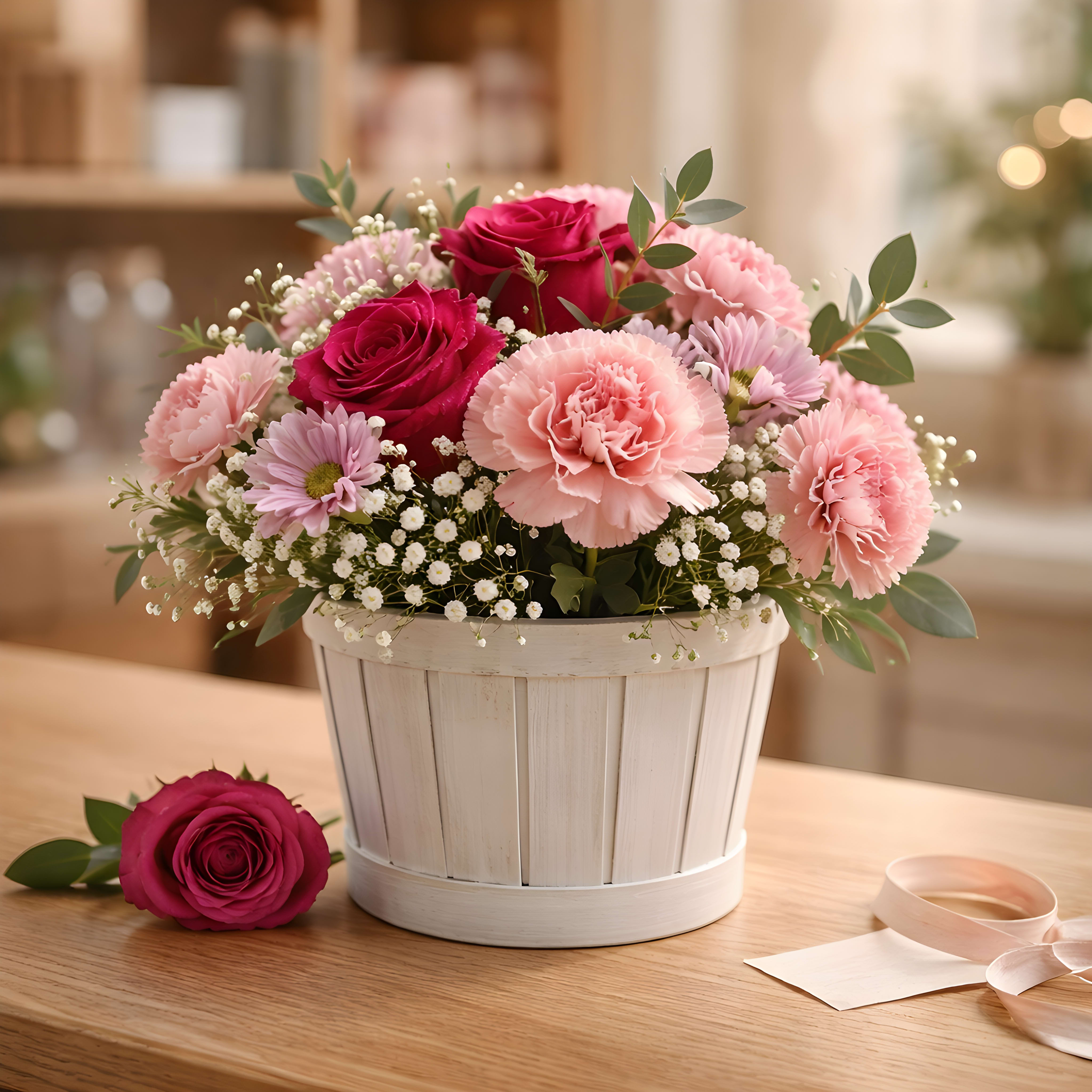 Mini Pink Basket - Deep magenta roses and soft pink carnations mingle with lavender daisy-like blooms in this Mini Pink Basket - a charming flower arrangement perfect for a birthday bouquet, a "thinking of you" gift, or a small anniversary surprise. The romantic pink, purple, and white palette reads feminine and fresh; the overall look feels handmade and thoughtful so the person you're sending it to will feel genuinely seen and celebrated.  Arranged in a white wooden basket and tied with a pink ribbon, the design uses tiny white filler flowers to create an airy, delicate texture around the fuller roses and carnations. The mix of blooms includes roses, carnations, daisies, and seasonal accents for contrast and softness; a loose rose and ribbon in the presentation emphasize its gift-ready styling. An included envelope lets you add a personal message to complete the sentiment.  Ideal for bedside tables, office desks, or as a small centerpiece, this compact basket delivers big emotion in a petite package. No special care is required beyond fresh water-replace as needed-and its handcrafted look makes it a versatile choice for everyday gifting when you want someone to feel truly noticed.