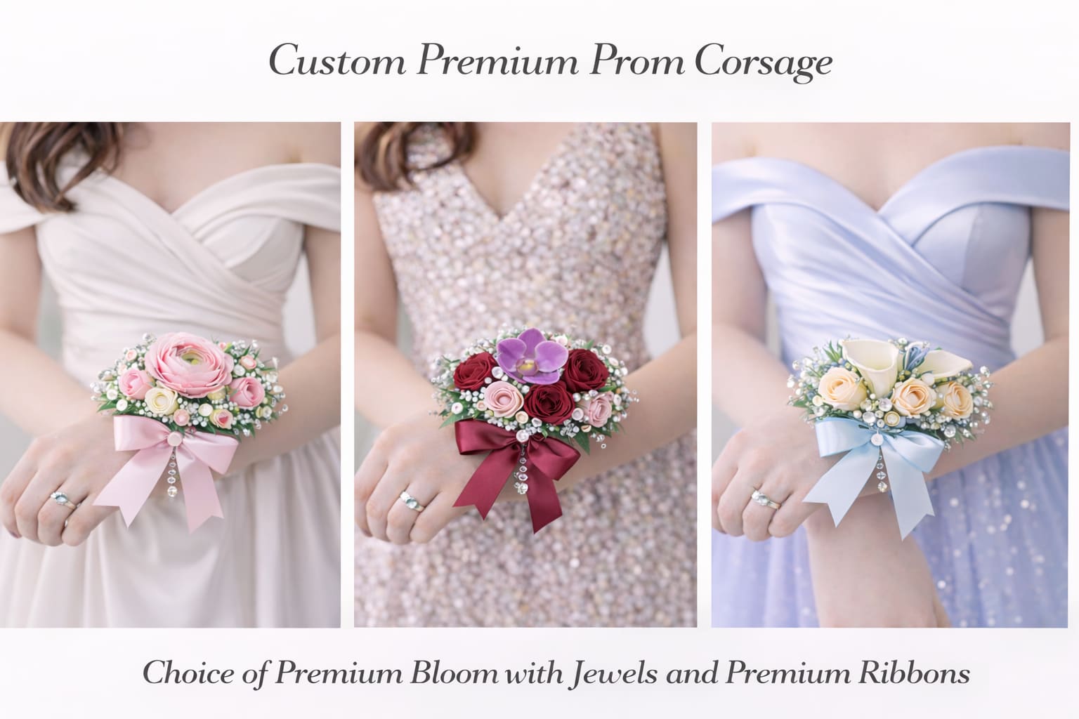 Premium Prom Wrist Corsage  - Elevate your prom style with a Premium Custom wrist corsage from Floral Fabulous in Round Rock, Texas. Designed with premium flower blooms, this corsage features a fuller, more luxurious arrangement of fresh Premium seasonal flowers, accented with elegant jewel details and a coordinating satin and premium ribbon.  Each piece is handcrafted by our expert florists to perfectly complement your dress, offering a sophisticated and polished look for your special night. The premium design adds more dimension, texture, and visual impact compared to standard corsages.  Perfect for prom, homecoming, weddings, and formal events, our premium corsages are available for local delivery and pickup in Round Rock, Pflugerville, Georgetown, and the Austin area.   Premium flower selection  Fuller, more detailed design  Jewel accents for added elegance  Custom ribbon color options  Designed locally by Floral Fabulous