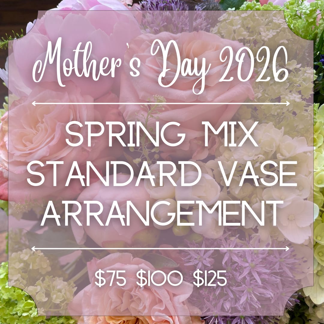Mother's Day 2026 Spring Mix Standard Vase - Beautiful mix of allium, chrysanthemum, daffodil, thistle, hydrangea, lilac, lisianthus, muscari, forget me not, tweedia, peony, ranunculus, roses, scabiosa, stock, sweet pea, green dragon, veronica, viburnum, etc.  