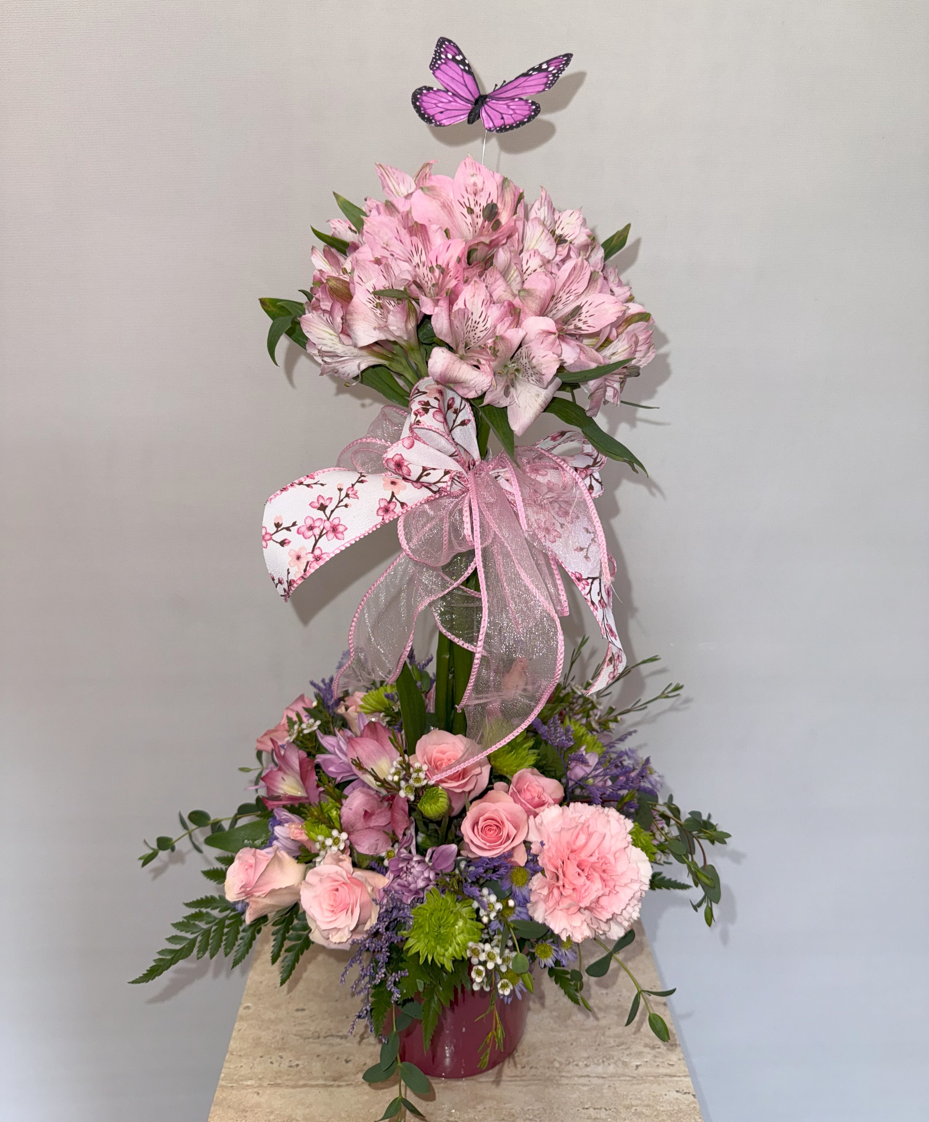 **MOTHER'S DAY SPECIAL** TOPIARY - Features a beautiful alstromeria topiary arrangement perfect for mother's day. (Color may vary) Pink , purple, white. 