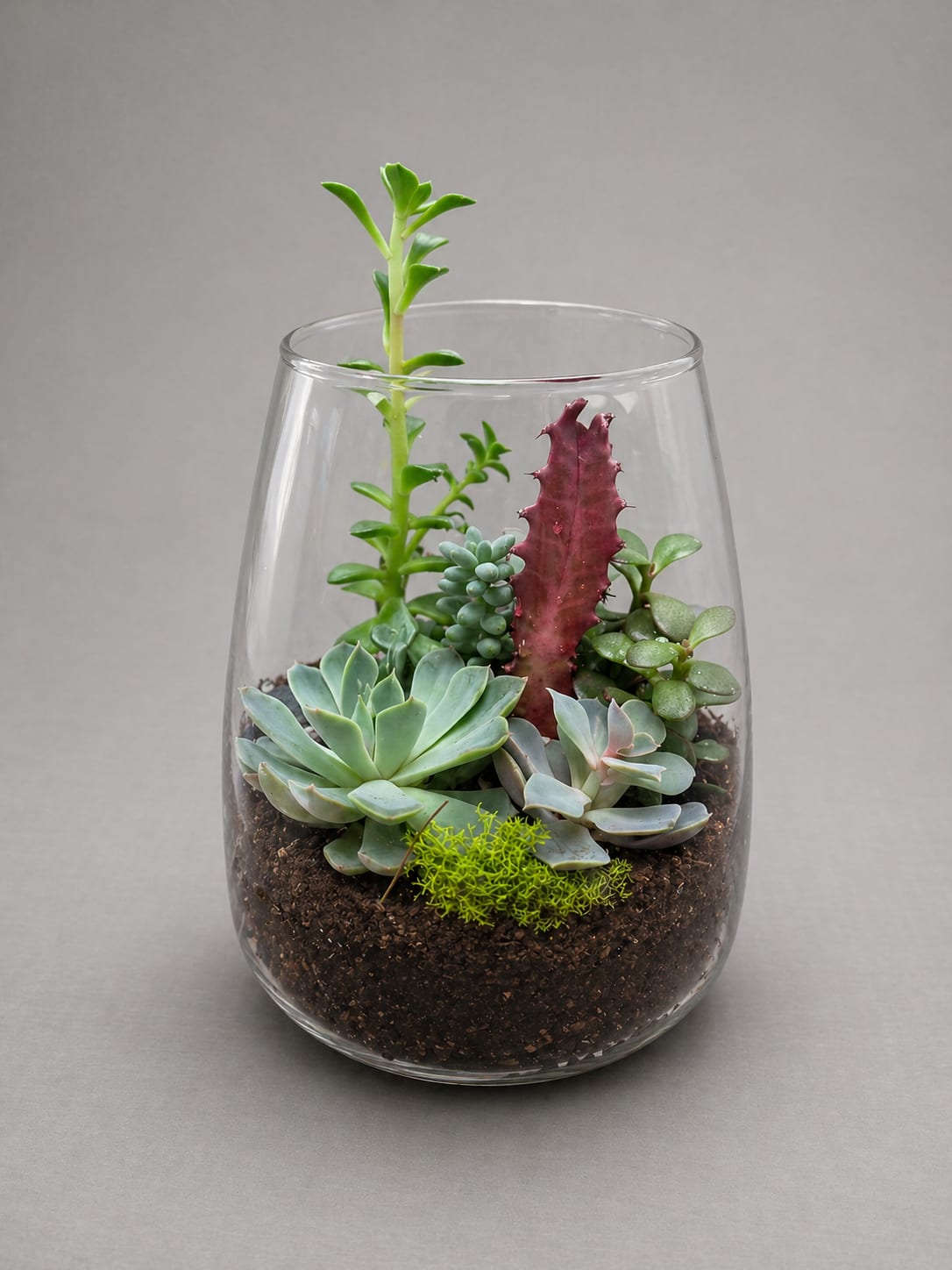     Sculpted Succulent - A modern glass vessel featuring a curated mix of succulents arranged with height and texture. Designed with natural elements and clean lines, this piece brings a contemporary touch of greenery to any space.