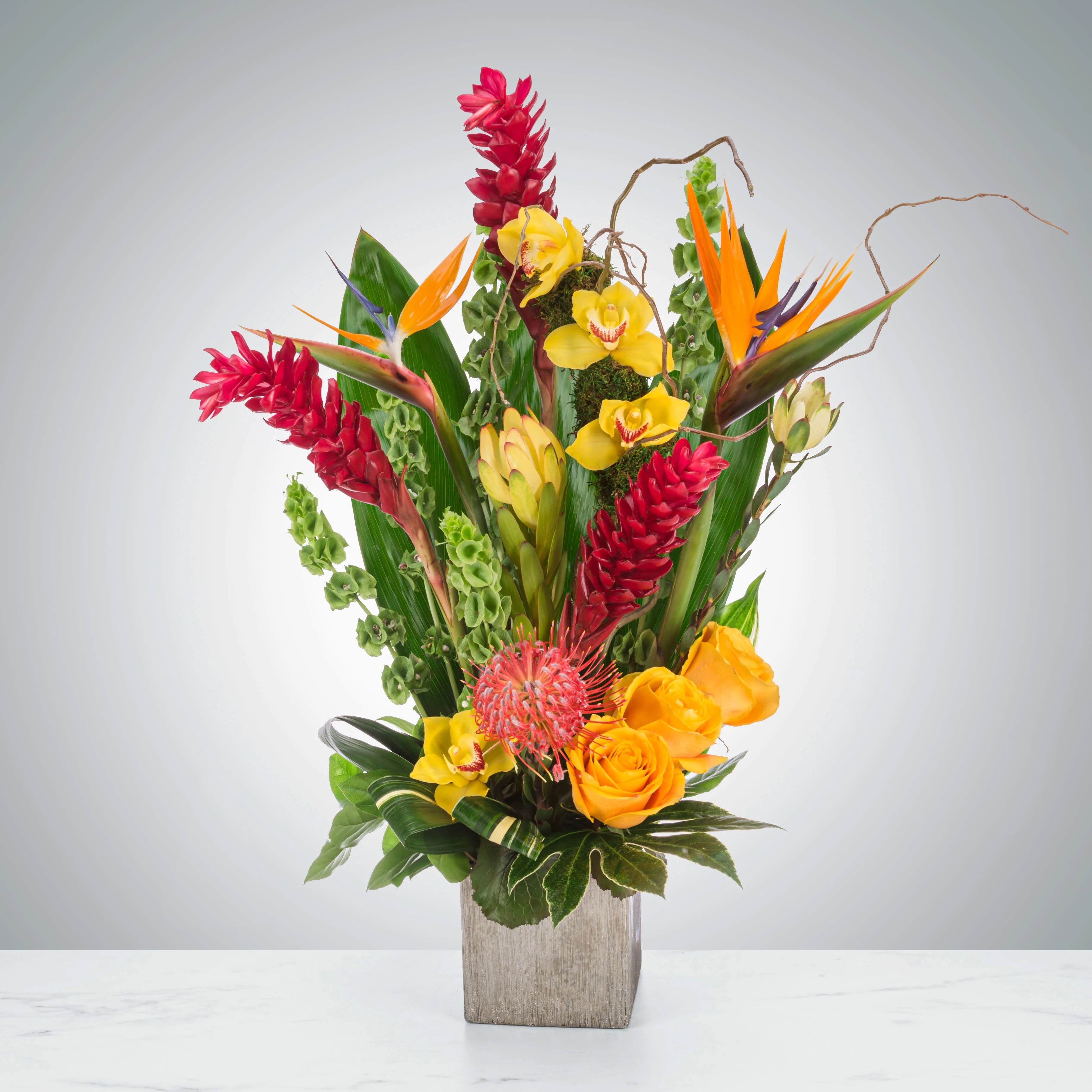 Tropical bouquet with yellow orchids, orange birds of paradise, and red ginger in a square vase