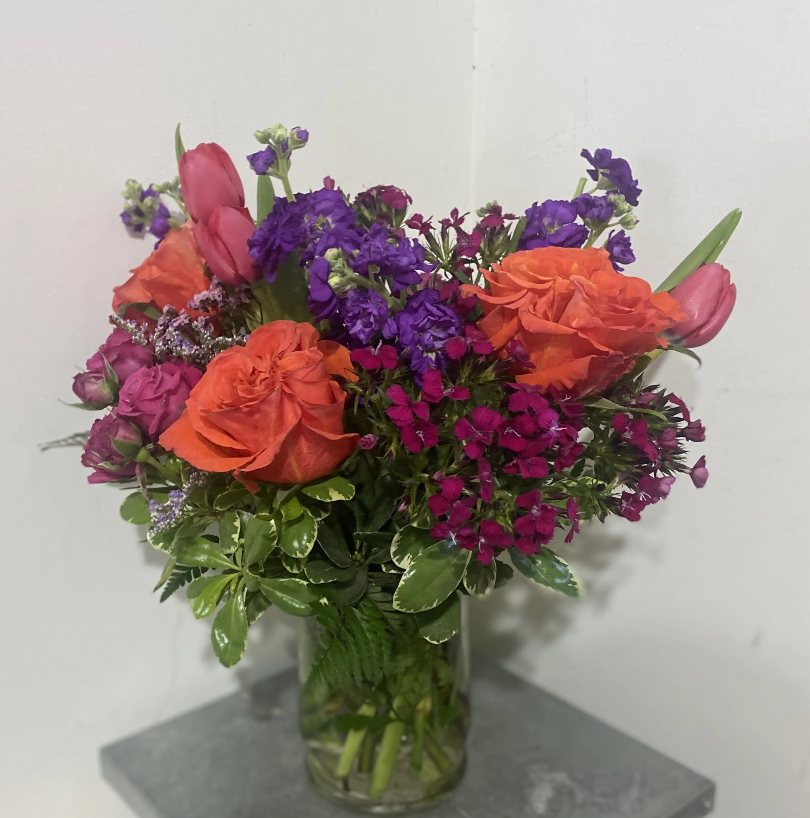 Garden Grove - Juicy and Bright, like citrus and berries, exploded in blossoms.  Featuring purples juxtaposed with orange and yellow. 