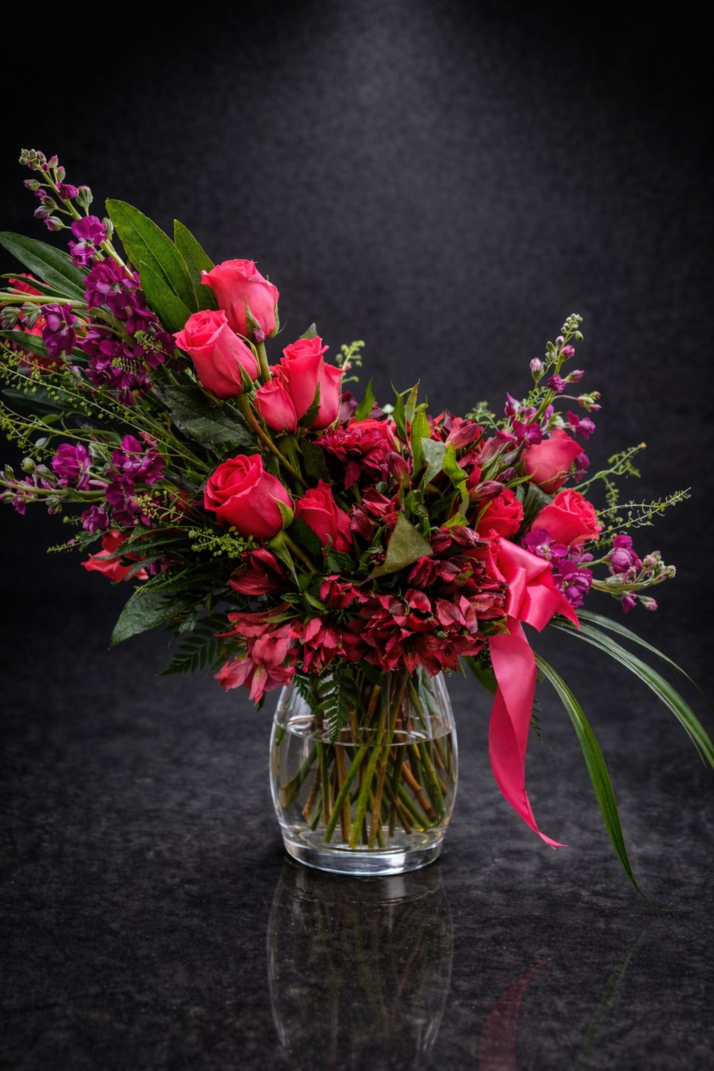 Red Motion - A lush, garden-style floral arrangement that reads like a love letter-bright pink roses take center stage in this romantic bouquet, mixed with clusters of small purple blooms and deep red accents for a vivid, layered look. Perfect as a birthday bouquet, anniversary roses alternative, or a spring celebration arrangement, Red Motion is designed to make the person you're thinking of feel genuinely noticed and adored.  Set in a clear glass vase and finished with a satin pink ribbon, the design is full and slightly asymmetrical, with stems and sprays extending outward for lively movement and texture. The color story of pink, purple, red, and fresh green foliage creates visual depth and a softly fragrant presence-an expressive choice for thank-you gifts, romantic gestures, or simply bringing spring indoors.  This arrangement arrives ready to display in its vase; reorder sizing and delivery options at checkout to match the moment you're marking. Light daily water refresh and a trim of stems every few days will keep the roses and mixed blooms looking their best so she feels celebrated longer.