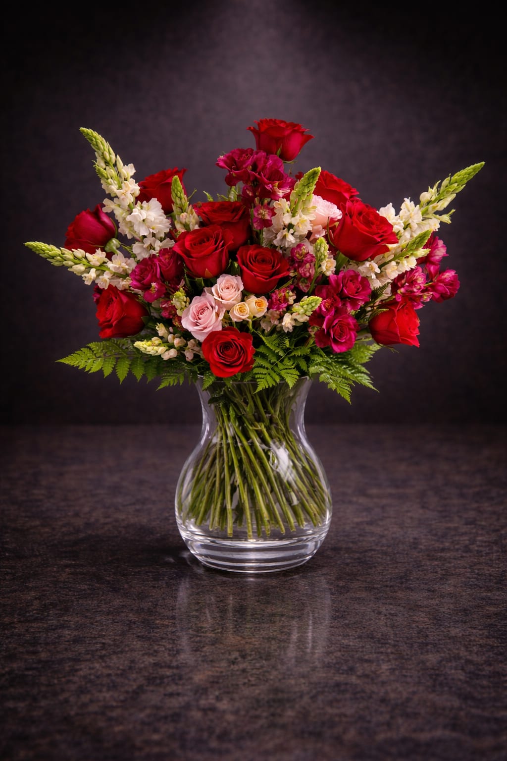 Velvet Rose - Lush red roses take center stage in this romantic vase arrangement, the perfect anniversary roses or Valentine's Day bouquet to make someone feel deeply cherished. Velvet Rose combines classic red blooms with smaller pink roses and magenta carnations for layered color and texture, while tall white snapdragon spikes lift the mix with a touch of lightness-an arrangement that reads both passionate and tender for a heartfelt gift.  Arranged densely in a clear glass vase, the rounded silhouette and visible stems give this piece a timeless, formal presentation that suits anniversaries, romantic celebrations, or simply saying "I'm thinking of you." The mix of roses, carnations, and snapdragons creates visual depth and a softly fragrant bouquet; the white accents temper the strong red palette so the recipient feels celebrated rather than overwhelmed. Delivered in water-ready form and ready to display, this arrangement is sized to sit beautifully on a dining table, mantel, or bedside table and is an elegant way to show someone they're loved.