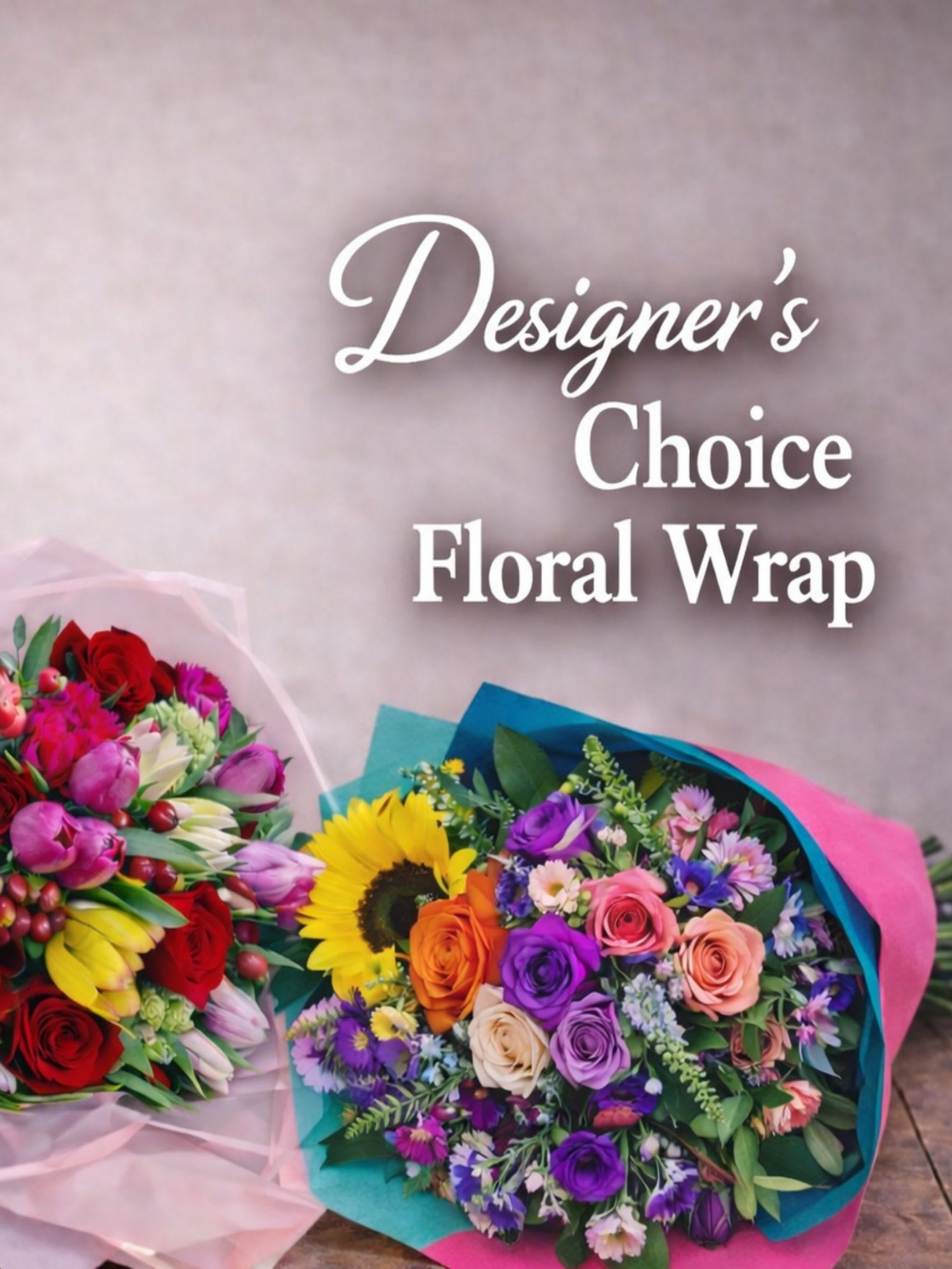 Two colorful mixed flower bouquets wrapped in pastel paper.