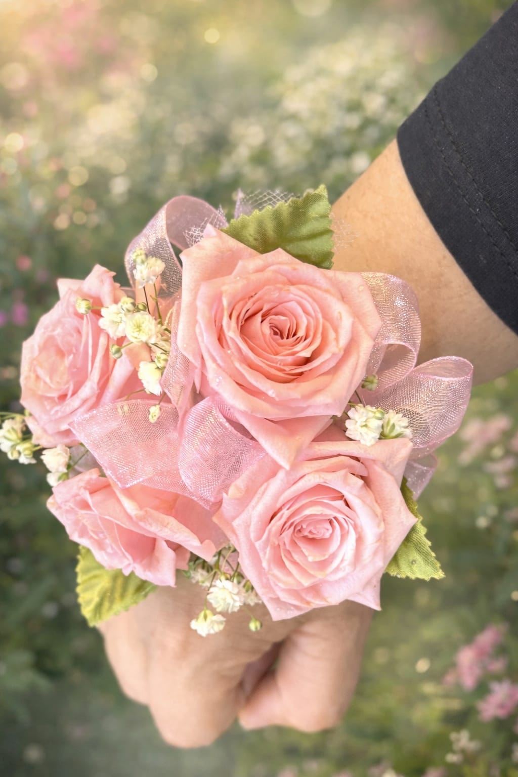 Pink Corsage  -  Ribbon Color options -Text color of fabric of Toxedo /dress   to 760550-8983  to match ribbon to clothing 