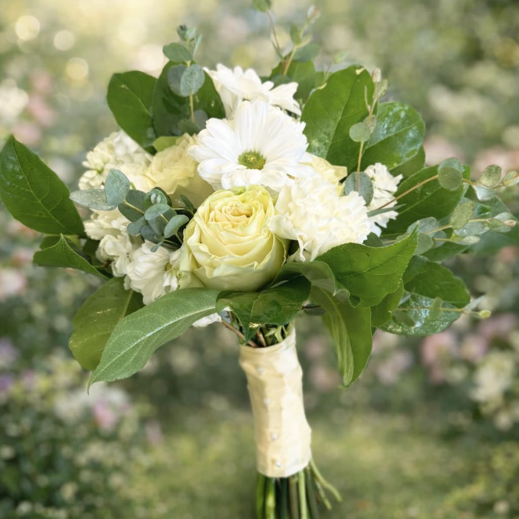 White and pale yellow bouquet with roses and daisies