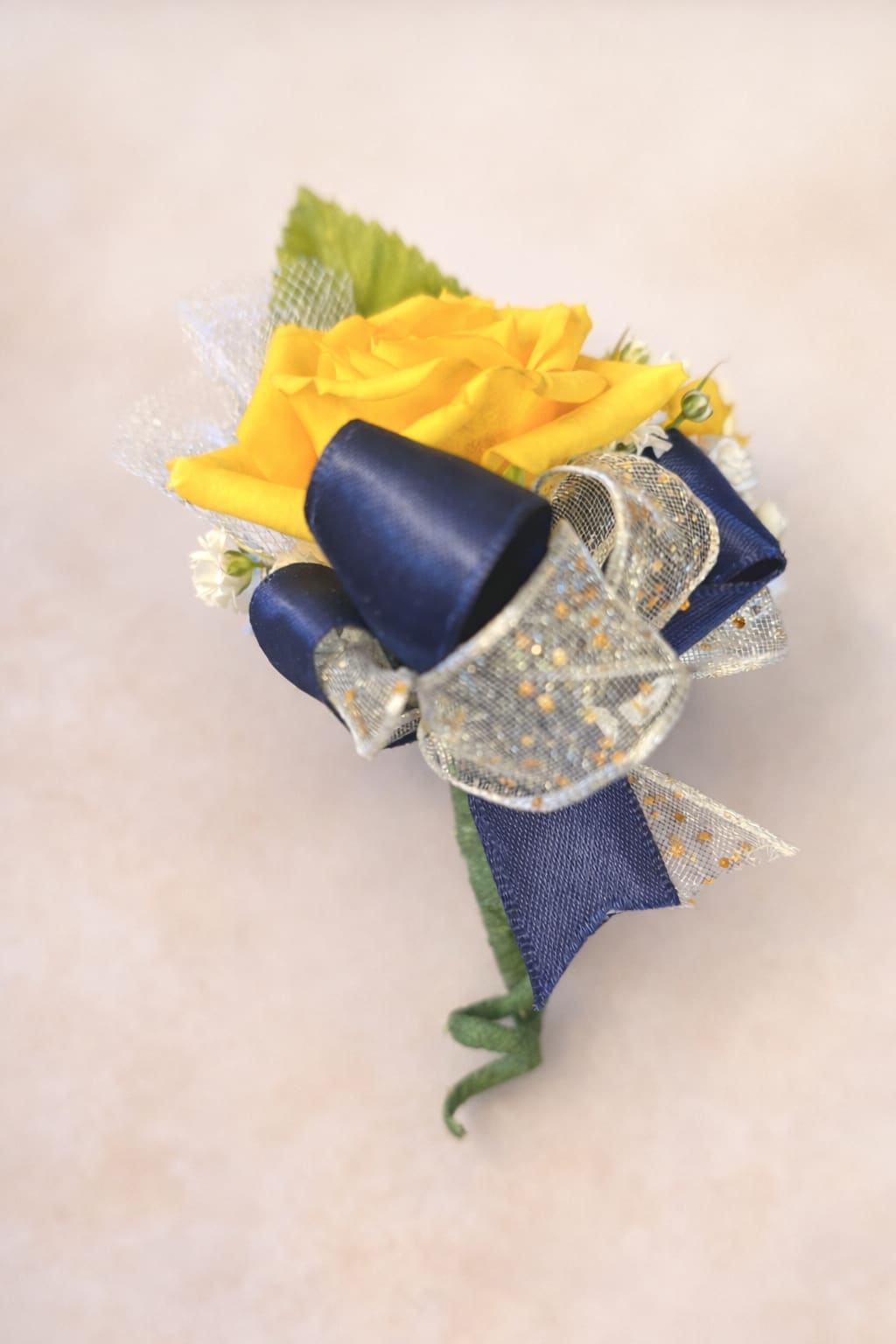 Yellow Rose Boutonniere - Navy blue ribbon 