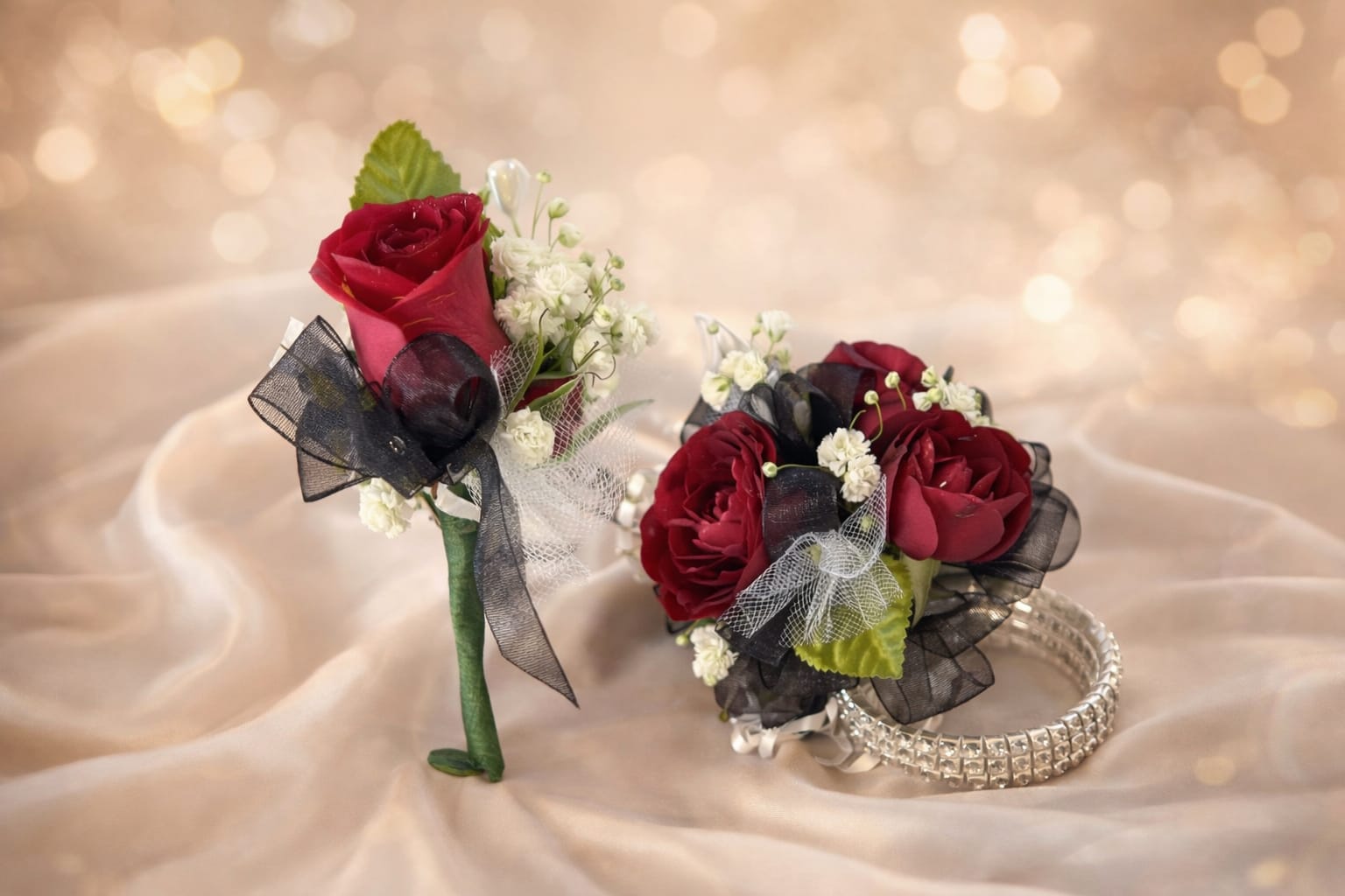 Red Spray Rose Bundle  - Text color of fabric of dress/toxedo to 760 550- 8983 to match to clothing 