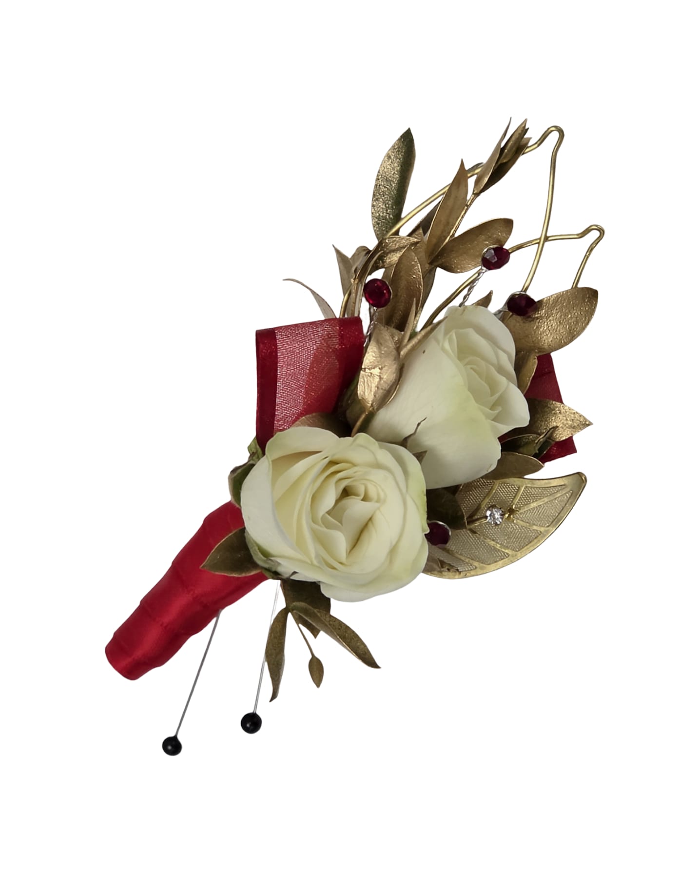 Golden Manor BBoutonniere - Two ivory spray roses sit against metallic gold leaves with small burgundy bead accents in this compact boutonniere - perfect for prom or any formal occasion when you want him to feel polished and noticed. The deep red ribbon wrap creates a striking contrast that draws the eye to the pale blooms and warm gold foliage.  Silk roses and decorative wire keep the piece lightweight and wearable while beads and ribbon add a touch of festive detail. Sized and constructed for lapel wear, it arrives ready to pin and will hold through an evening of photos, dancing, and celebration.
