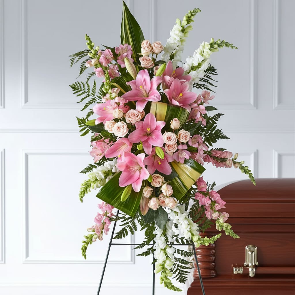 Elegant Embrace Standing Spray - Our Elegant Embrace Standing Spray shares the warmth and comfort your loved ones need during this difficult time through each blushing bloom. A local florist beautifully combines lilies, spray roses and snapdragons with greens to express your heartfelt love.   Please Note: The bouquet pictured reflects our original design for this product. While we always try to follow the color palette, we may replace stems to deliver the freshest spray possible, and we may sometimes need to use a different vase.