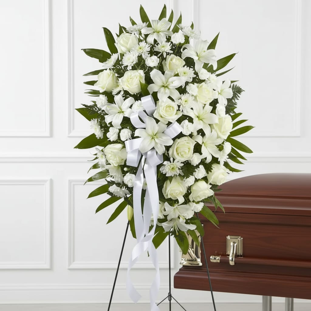 Exquisite Tribute Standing Spray - The Exquisite Tribute Standing Spray is an elegant display of sweet serenity. White roses, Asiatic lilies, chrysanthemums and mini carnations are artfully arranged amongst emerald palm fronds and lush greens. Accented by white satin ribbon and standing on a wire easel, this standing spray is an outstanding way to honor the life of your loved one.   Please Note: The bouquet pictured reflects our original design for this product. While we always try to follow the color palette, we may replace stems to deliver the freshest bouquet possible.