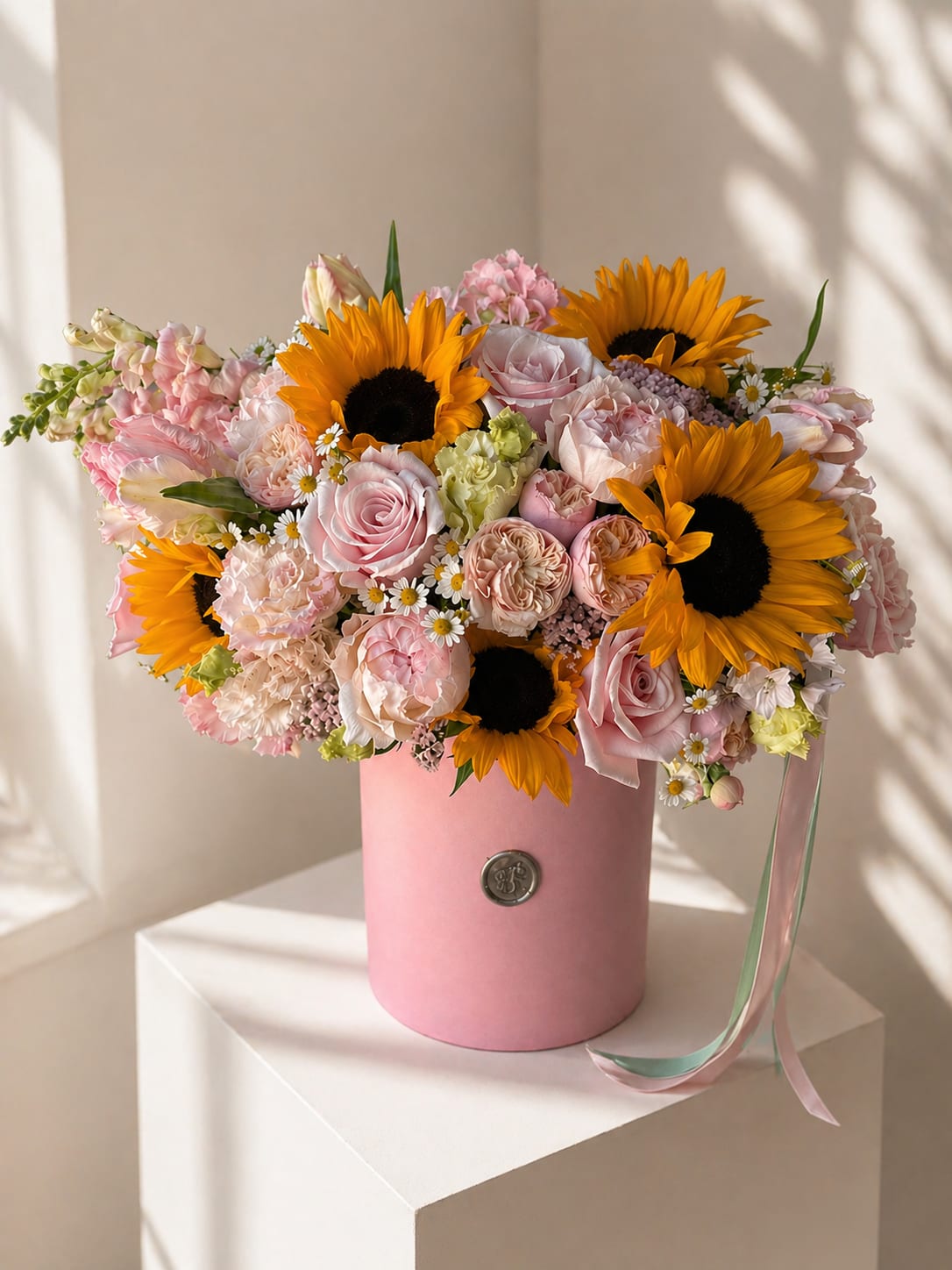 Sunflower Beauty  - Contains golden sunflowers surrounded by an array of complementary blooms in warm hues, evoking feeling of joy and radiance. Please note this arrangement might come in pink or ivory box. 