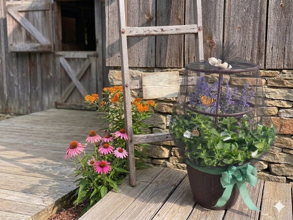 Butterfly Garden Bouquet - Designer's Choice - A Meaningful Experience Whether you are celebrating a milestone or honoring the memory of a loved one, the Butterfly Garden offers a unique and moving experience that a traditional bouquet cannot match. This is more than a floral arrangement; it is a living ecosystem designed to bring peace, wonder, and a lasting touch of nature to any porch or patio.  Each planter arrives enclosed in a delicate netting gallery, housing live butterflies.  For Celebrations: It’s a magical "make a wish" moment for birthdays, Mother’s Day, or new beginnings.  For Sympathy: It provides a peaceful, symbolic way to say goodbye. Releasing a butterfly is a powerful gesture of hope and the beauty of a life transformed.   We have designed this planter to provide comfort and beauty long after the butterflies have taken flight:  The Interactive Phase: Enjoy the beauty of live butterflies up close within the safety of the netting.  The Summer Display: Once released, remove the netting to enjoy a lush, professional arrangement of vibrant summer-blooming annuals.  The Perennial Legacy: At the heart of each pot is a hardy, butterfly-attracting perennial. At the end of the season, this plant can be moved into a permanent garden where it will bloom year after year—a living tribute that returns every spring.   Includes: Live butterflies, a protective enclosure, a mix of premium annuals, and one potted "pollinator-favorite" perennial. 