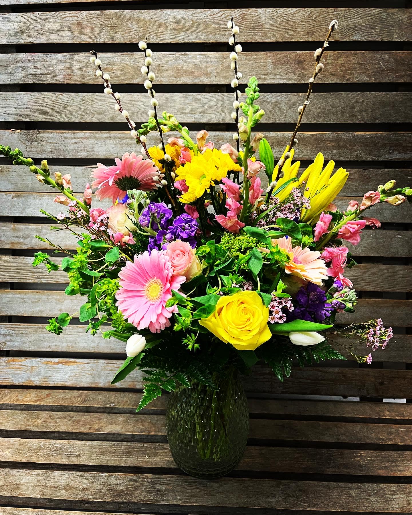 DESIGNER'S CHOICE Large Spring Beaded Vase.  - Large Beaded vase filled with designer’s choice of spring flowers. Sure to WOW the recipient! Pussy willow when it's in season.