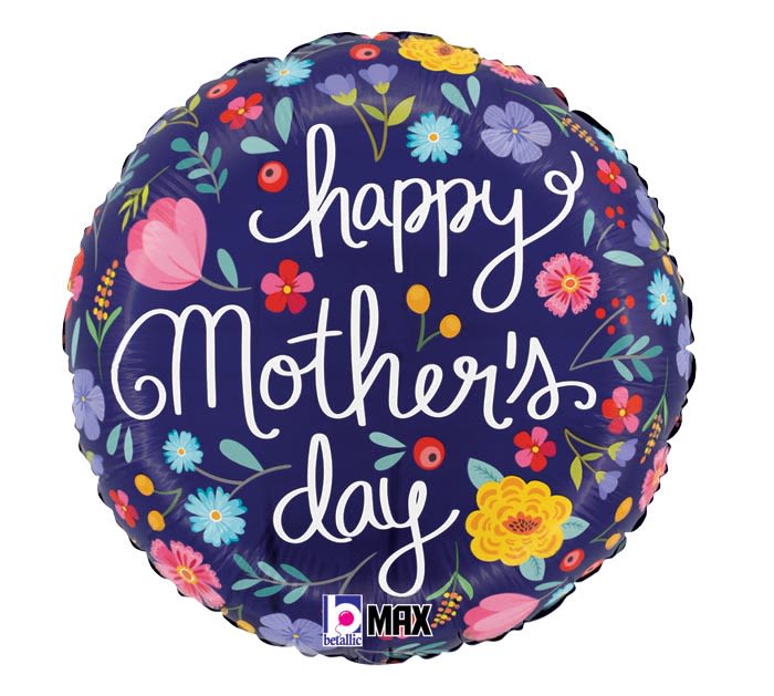 18" Happy Mothers Day Floral Folk Balloon - A cheerful round foil balloon that makes Mom feel celebrated the moment she sees it - perfect as a Mother's Day gift or a sweet surprise to show appreciation. This 18" Happy Mother's Day floral folk balloon pairs bright spring colors and playful typography to deliver a warm, affectionate message the person you're thinking of will immediately recognize.  The deep purple background is scattered with a folk-style floral pattern in vivid pink, sunny yellow, sky blue and soft lavender, while large white script reading "happy Mother's day" fills the center for instant impact. As a single-piece gift add-on, it's ideal to pair with bouquets, gift baskets, or a delivery to brighten a doorstep.  Lightweight and ready to float, this foil balloon is sized for easy inclusion with other gifts and is suited for indoor celebrations or car-side surprises. Order with same-day local delivery when available to ensure Mom receives it fully inflated and ready to delight.