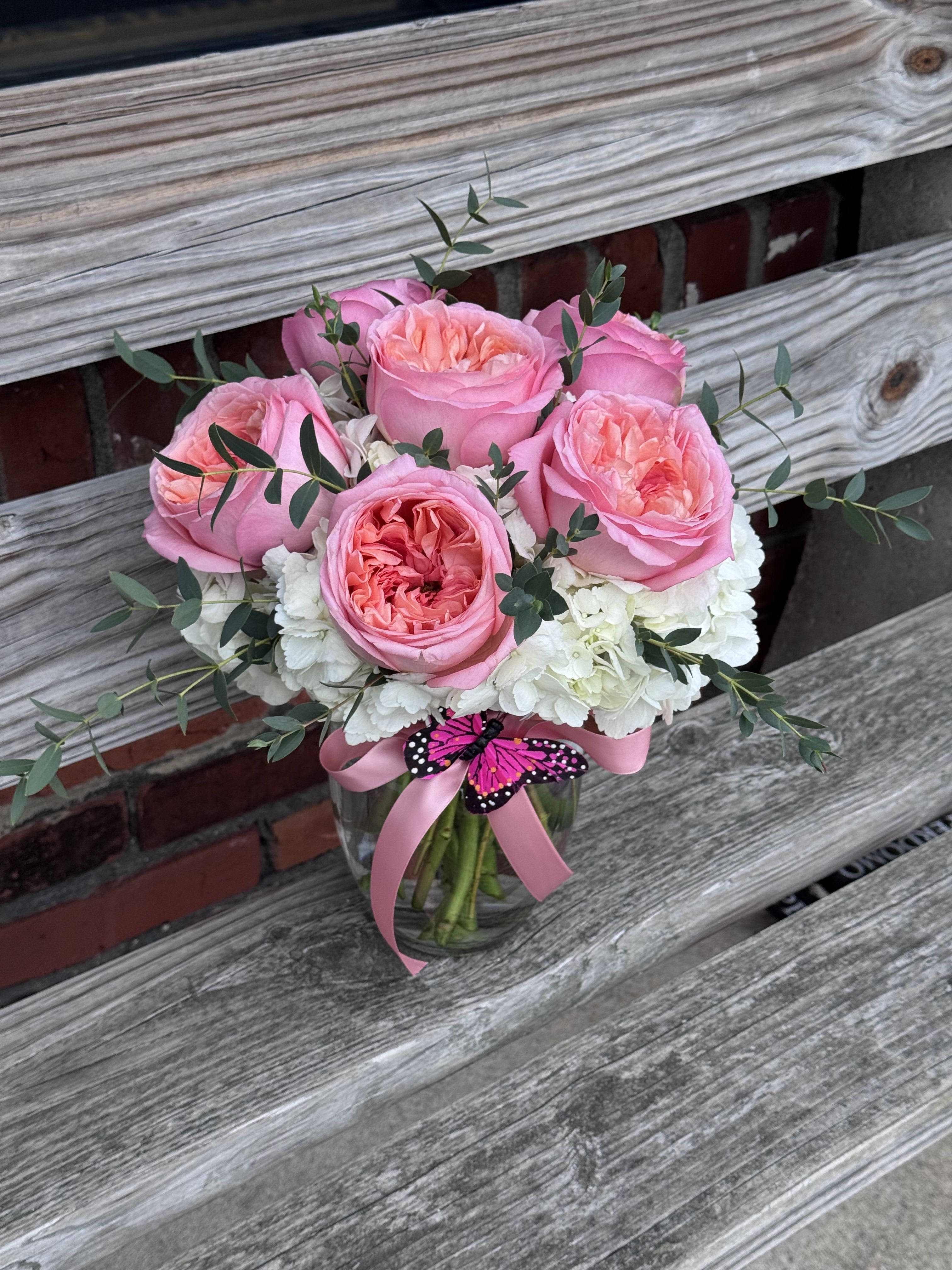 Perfect Pink - Elegant, pink garden roses are the highlight of this arrangement. Half dozen roses with hydrangea. 