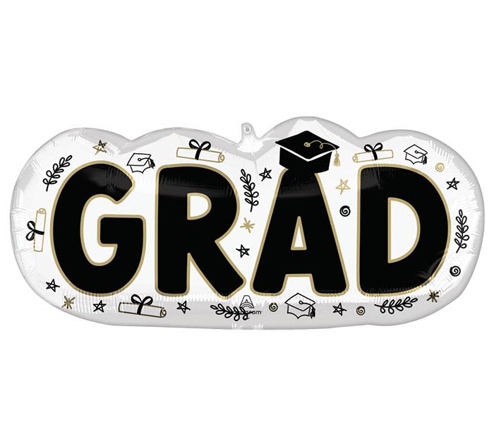 30" Grad Sketched Supershape Balloon - A bold, celebratory foil balloon that announces the achievement with high-contrast flair - this 30" Grad Sketched Supershape balloon is perfect for graduation gifting or party décor. The white balloon features large black "GRAD" letters edged in gold, so the graduate you're honoring will instantly feel seen and celebrated when they enter the room.  Decorative mortarboards, diplomas, stars, and laurel sprigs form a festive border in black and yellow accents, giving the piece an academic, party-ready look that complements caps-and-gowns or a grad-themed color scheme. As a single supershape foil, it makes a strong statement on its own or pairs easily with bouquets, centerpieces, or a balloon cluster to fill a stage or table setting.  Ideal for high school or college graduation celebrations, this balloon is an easy, cheerful way to mark the milestone for the graduate in your life. It arrives ready to inflate and is suited to indoor use as part of event décor or as a gift topper; for longer float time, ask about helium inflation at checkout.