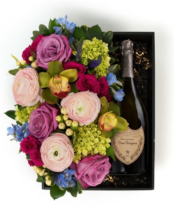 Flora Box Pastel Dom Perignon  - A pastel floral arrangement in a wood box paired with Dom Perignon, a thoughtful gift to enjoy and share.