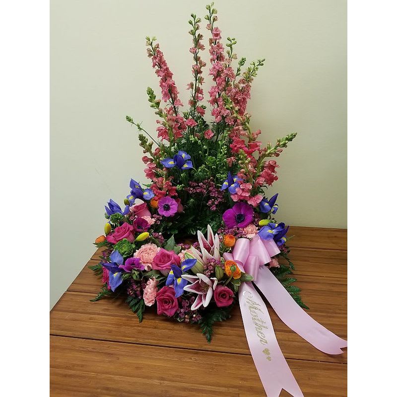 Spring Urn Wreath - Soft spring mix arrangement for the Urn to Fit in the middle. Ribbon is customizeable