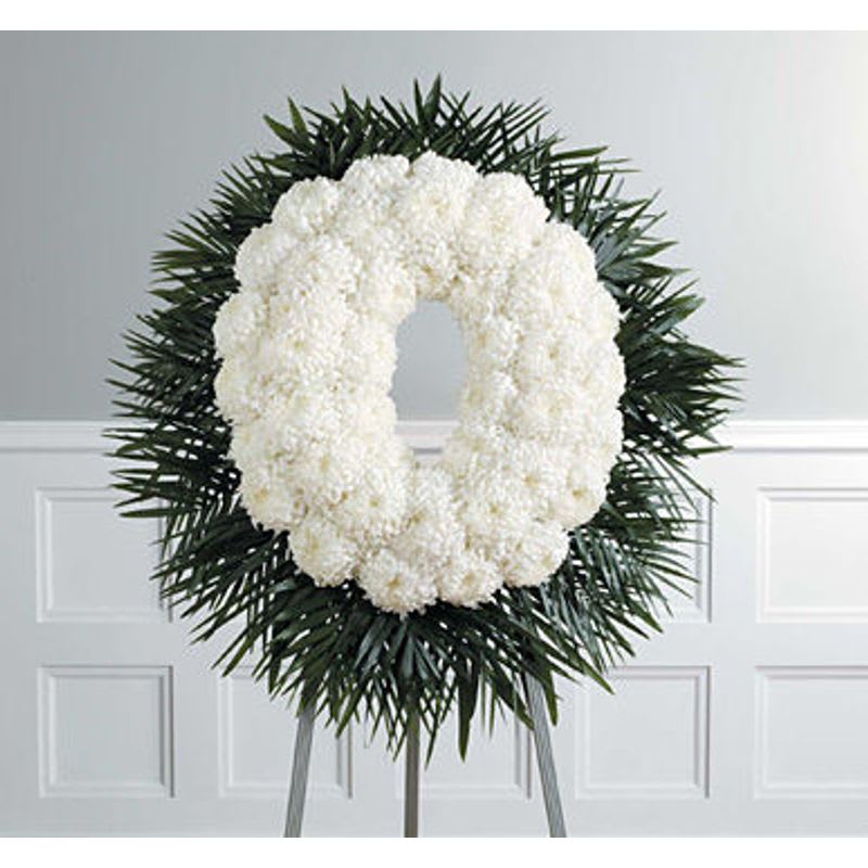 White Ring - All white mun wreath on an easel. 