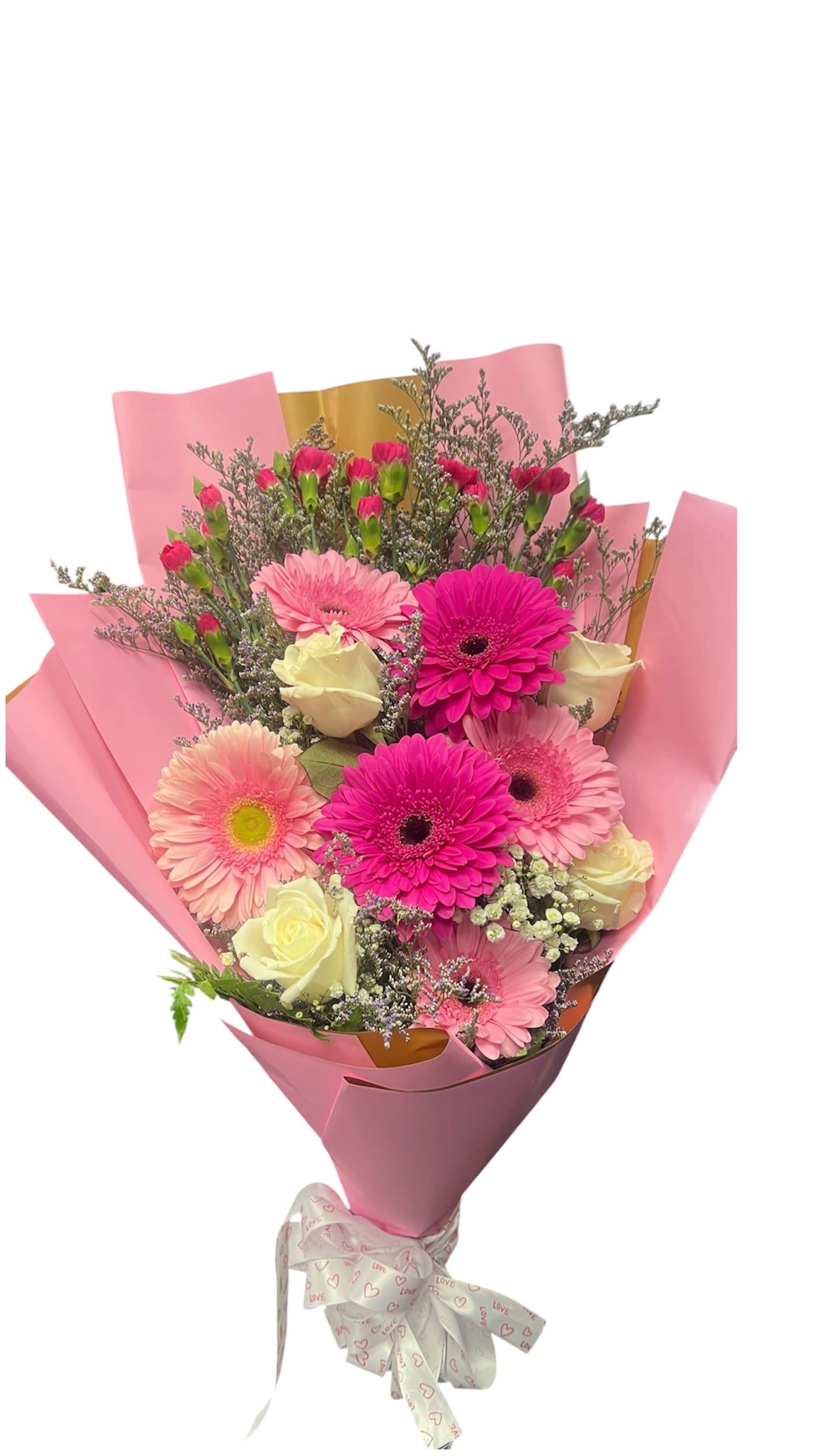 PRETTY PINK BOUQUET  - Beautiful bouquet with Gerber mini carnation and white roses 