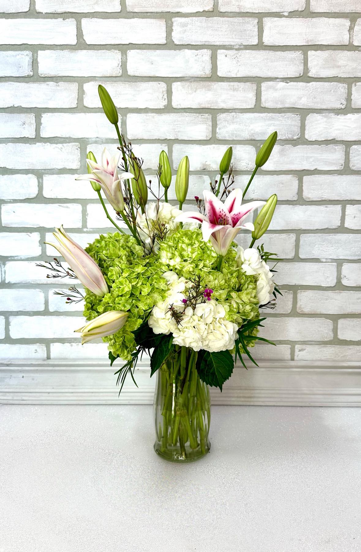 Heavenly Hazel - A gorgeous display of hydrangeas and stargazer lilies. 