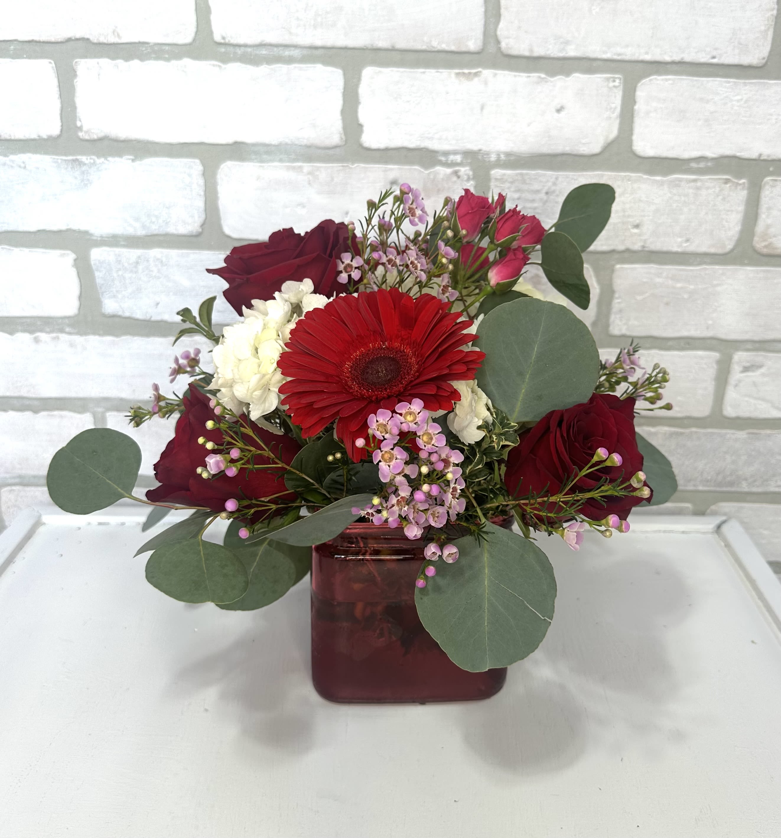 Roses &amp; Daisy Romance  - A compant valentine's vase with a mix of roses, hydrangeas, and gerber daisy