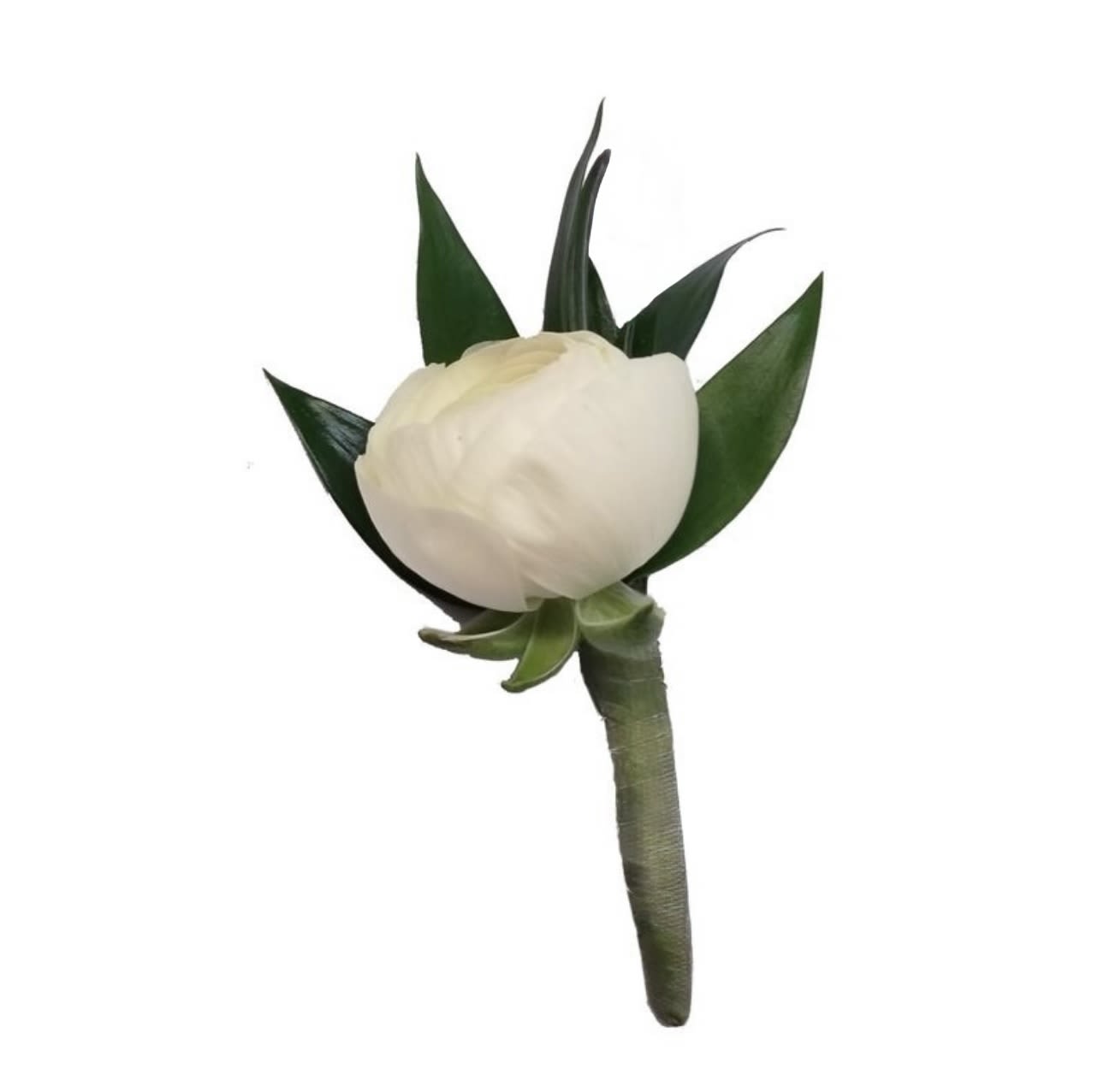 White flower boutonniere with dark green leaves