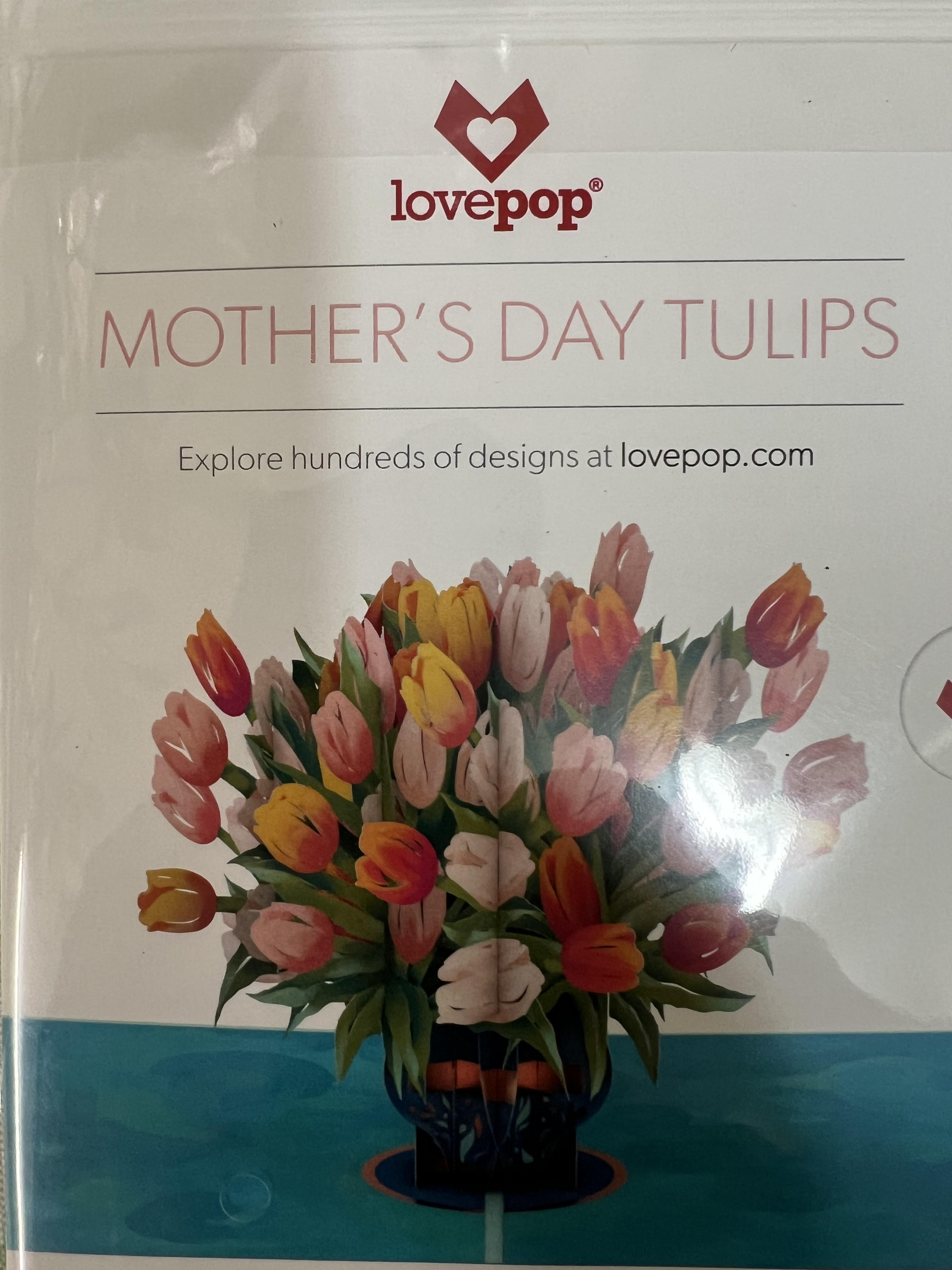 Box of mixed tulips labeled Mother's Day Tulips