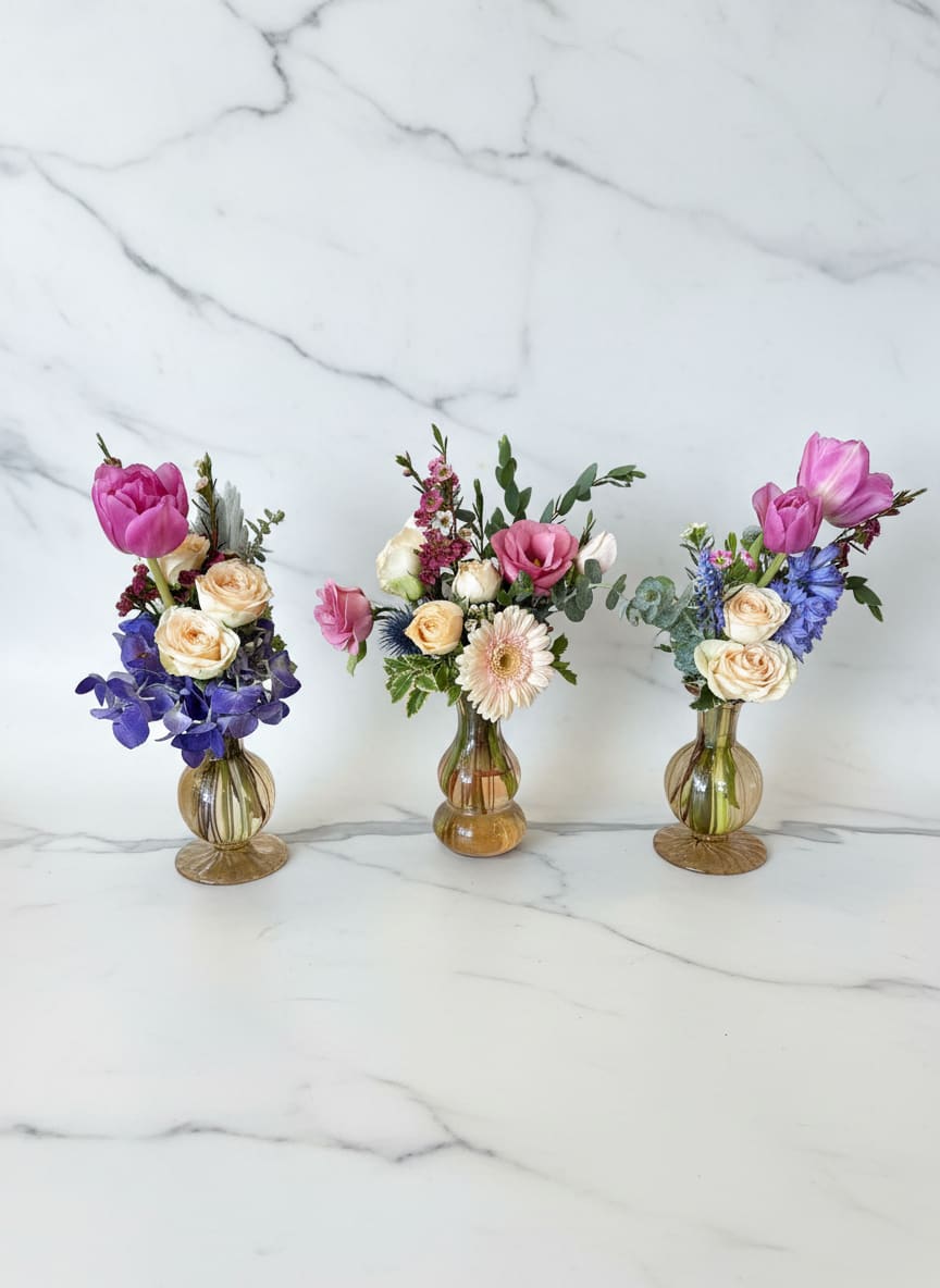 Spring Party Budvase Collection, choose 3, 5 or 8  - The sweetest way to celebrate mom. Hosting a Mother's Day gathering? Use this collection of budvases down the center of the table or at each place setting - and then send them off with the guests of honor after the celebration. Perfect for moms, grandmas, aunties  - anyone!  Available in a trio: $95 Group of 5: $145 Group of 8: $225