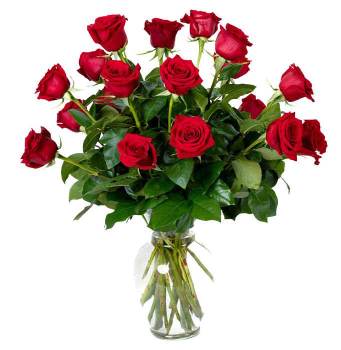Tall arrangement of long-stemmed red roses in a clear glass vase