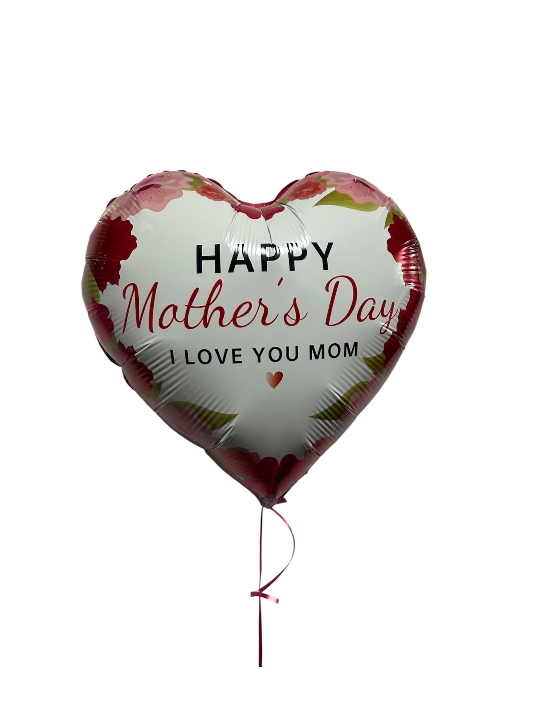 I LOVE YOU MOM BALLON  - A glossy heart-shaped foil balloon that says "I love you mom" and "Happy Mother's Day" is an instant, cheerful way to celebrate Mother's Day or show appreciation any time she deserves a moment in the spotlight. The white center keeps the message clear, while the pink and red floral border reads as warm and festive-perfect for a mom who loves classic, romantic colors and a bright, gift-like presentation.  Made with a foil balloon mounted on a balloon stick and finished with ribbon, this piece is an easy add-on to a bouquet or a standalone surprise that will sit prettily on a table, in a gift arrangement, or beside breakfast in bed. The balloon's rounded heart shape and glossy finish catch light for extra visual pop; simply place in the included stick holder, tie the ribbon, and it's ready to deliver a joyful, affectionate message she'll notice right away.