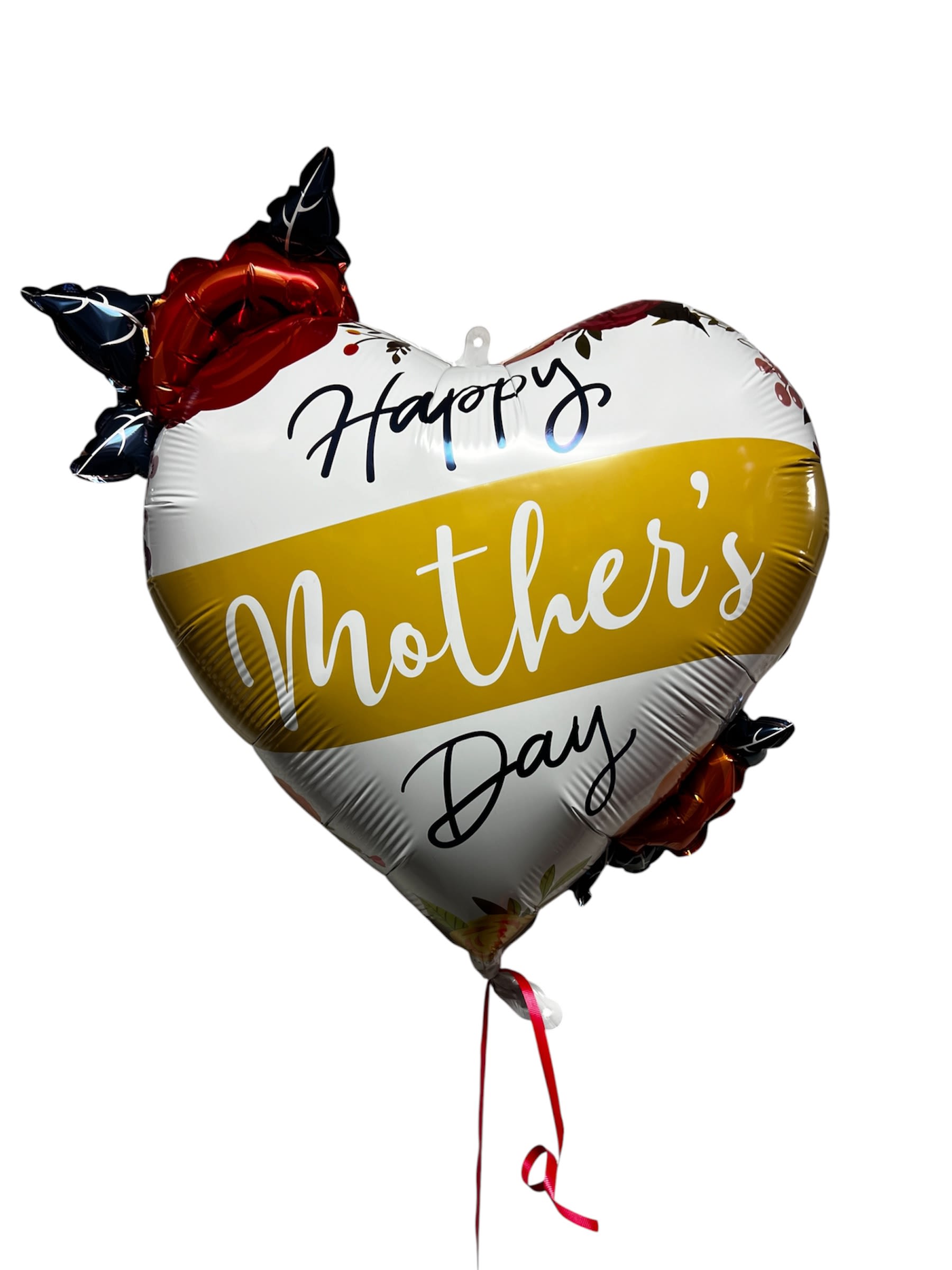 HAPPY MOTHES DAY  - A heart-shaped foil balloon printed with "Happy Mother's Day" makes a joyful Mother's Day gift that will make the person you're thinking of feel celebrated from the moment it arrives. The white background with a wide gold band and red floral accents reads bright and festive, while the black script adds a classic, readable message-perfect for Mother's Day, a birthday for a beloved mom, or any family-focused celebration.  This arrangement features a single heart foil balloon finished with a red ribbon tied at the bottom for a polished, gift-ready look. The design includes dark decorative shapes near the top that add visual contrast against the white and gold, and the red floral details bring warmth and cheer. Lightweight and ready to display, it pairs easily with fresh flowers or a small gift if you want to create a fuller presentation.