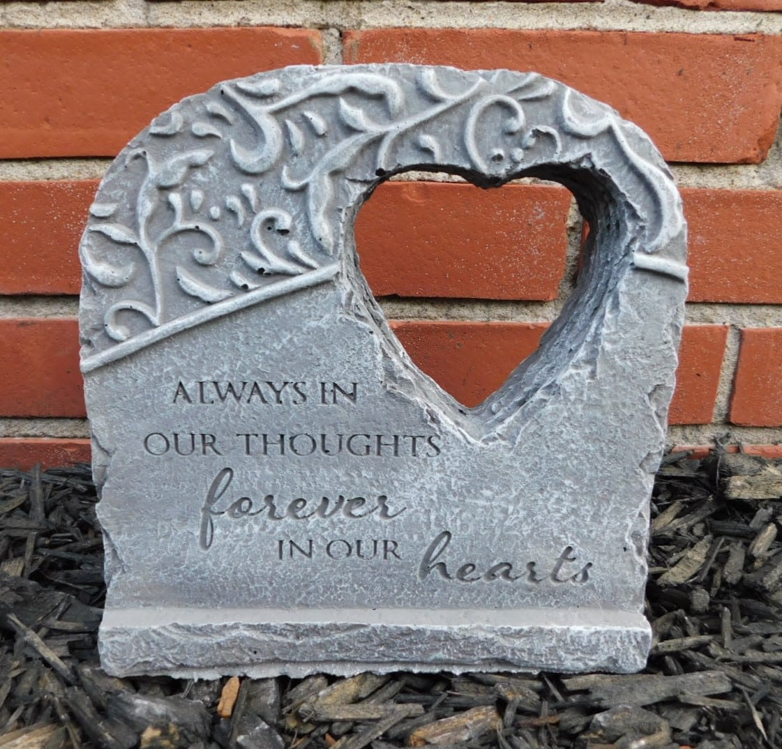 Hole In Heart – Forever In Hearts Cement Statue - Cement decor with the saying "Always in our thoughts forever in our hearts"