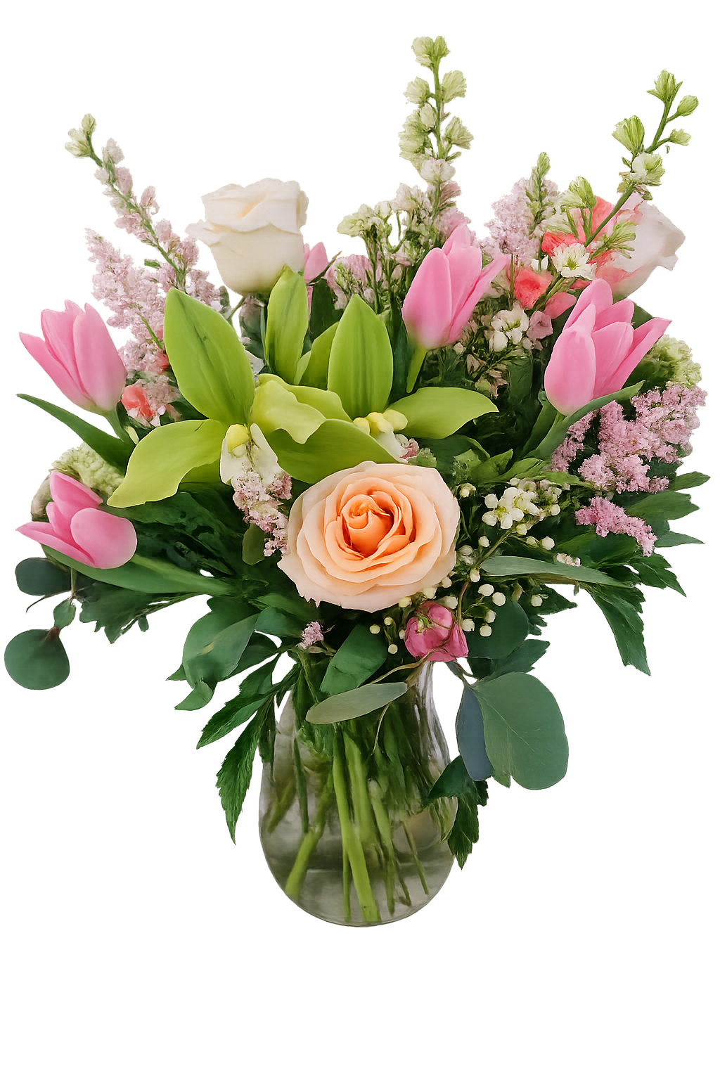 Dutch Delight Bouquet - Dutch tulips, orchids, lisianthis, roses, hydrangea, astilbe and fillers arranged in a glass vase