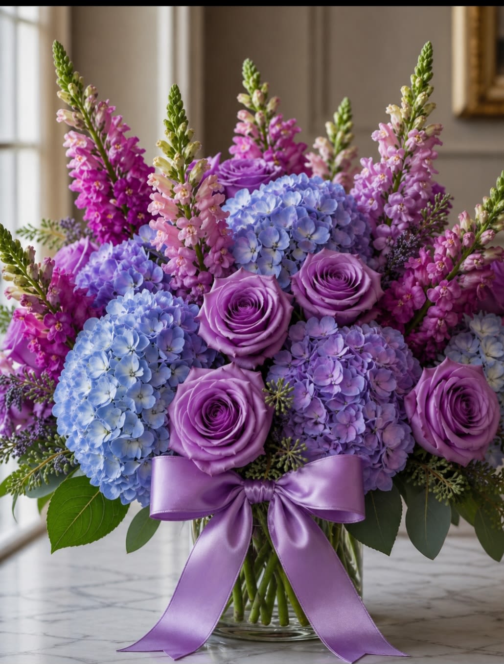 Violet Whisper Gardens - A graceful and romantic arrangement featuring lush blue hydraengeas, Elegant snap dragons and premium violet roses accented with fresh greenery and finished with a satin lavender bow.