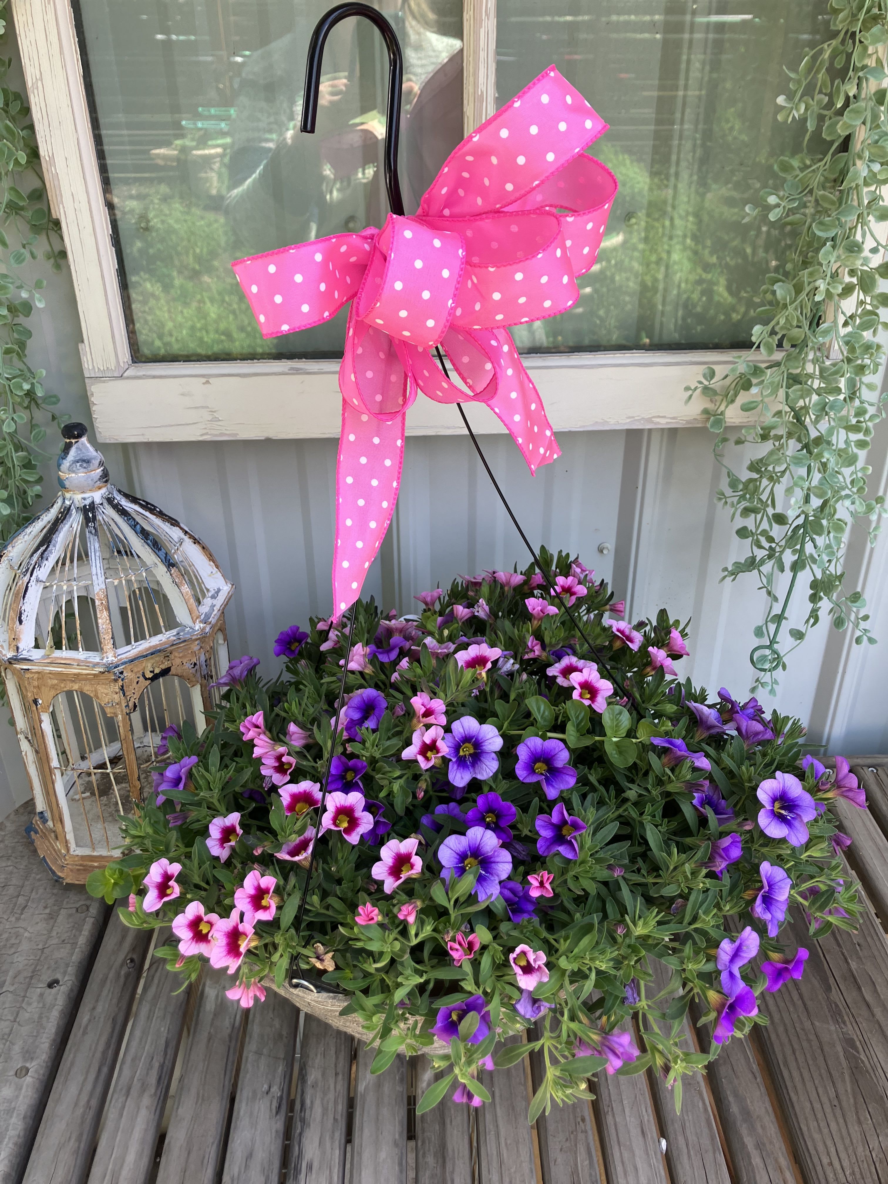 Pinks and Purples Hanging Basket - Beautiful hanging plants in a woven basket