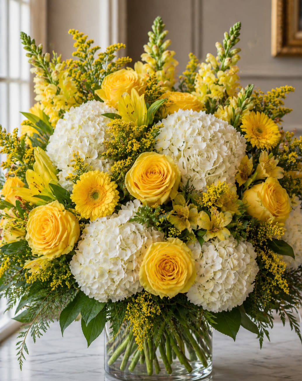 Golden Sunshine Elegance  - A radiant and cheerful arrangement designed withpremium yellow roses, lush white hydrangeas,bright solidago and coordinating yellow seasonal blooms accented with fresh greenery. Arranged in a clear glass vase.