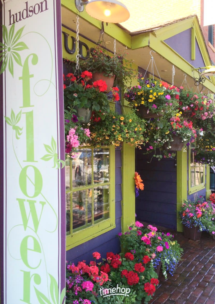 Flower shop storefront with hanging baskets and potted blooms