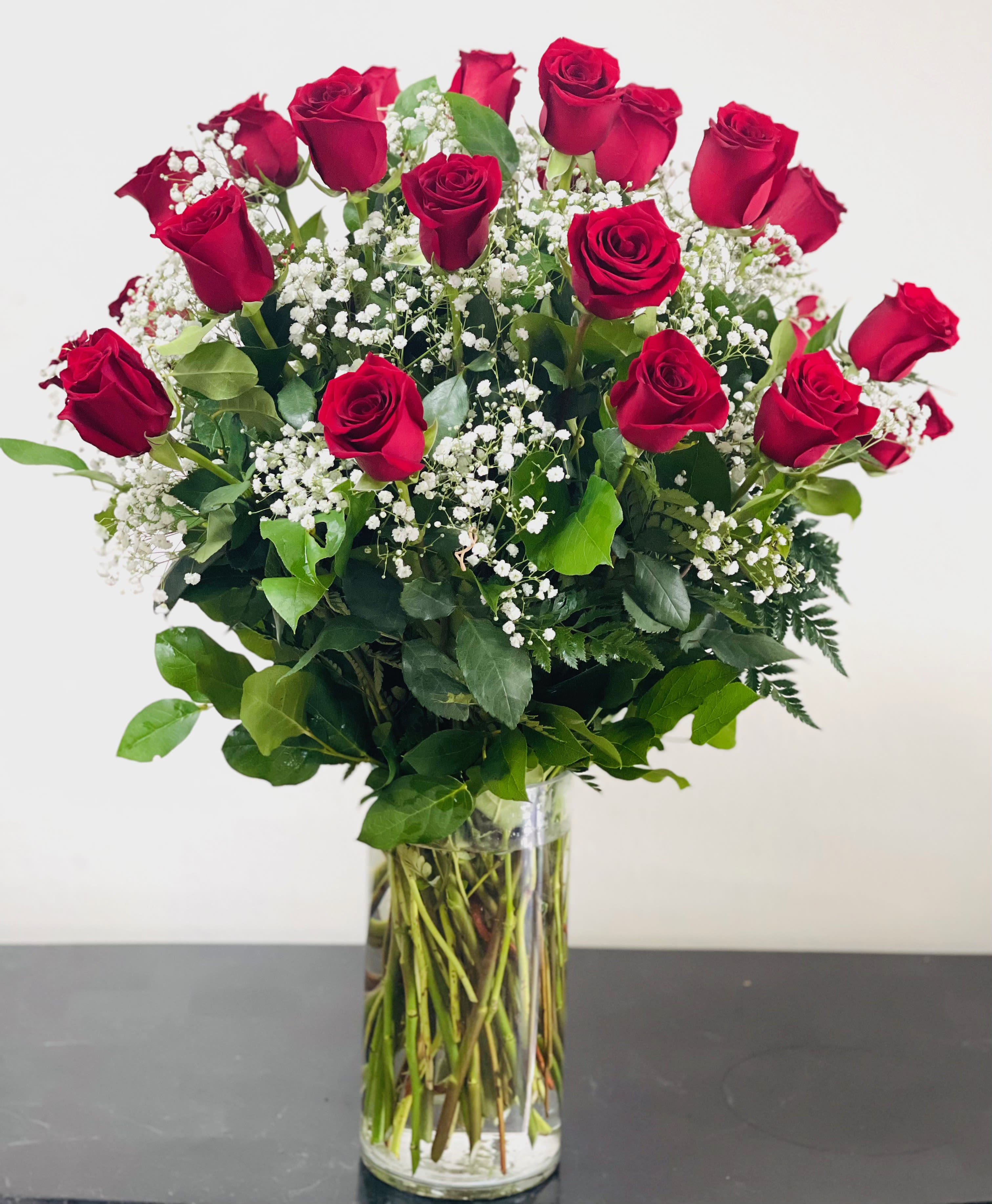 BF-M7 2 Dz Premium Roses Mother's Day - 2 Dz Red Roses with baby's breath in a Glass Vase Style: Round Arrangement