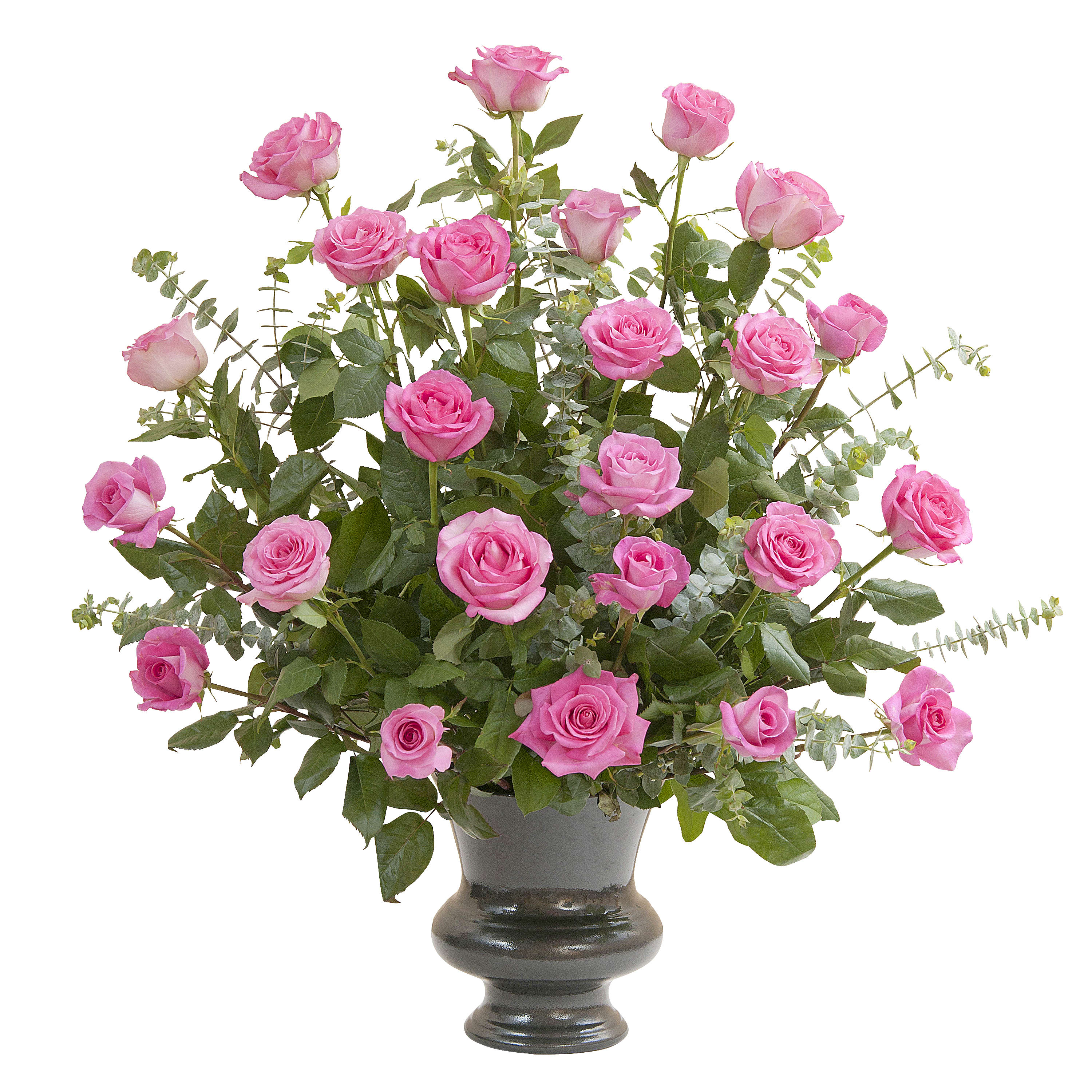 Pink roses arranged in a dark pedestal vase