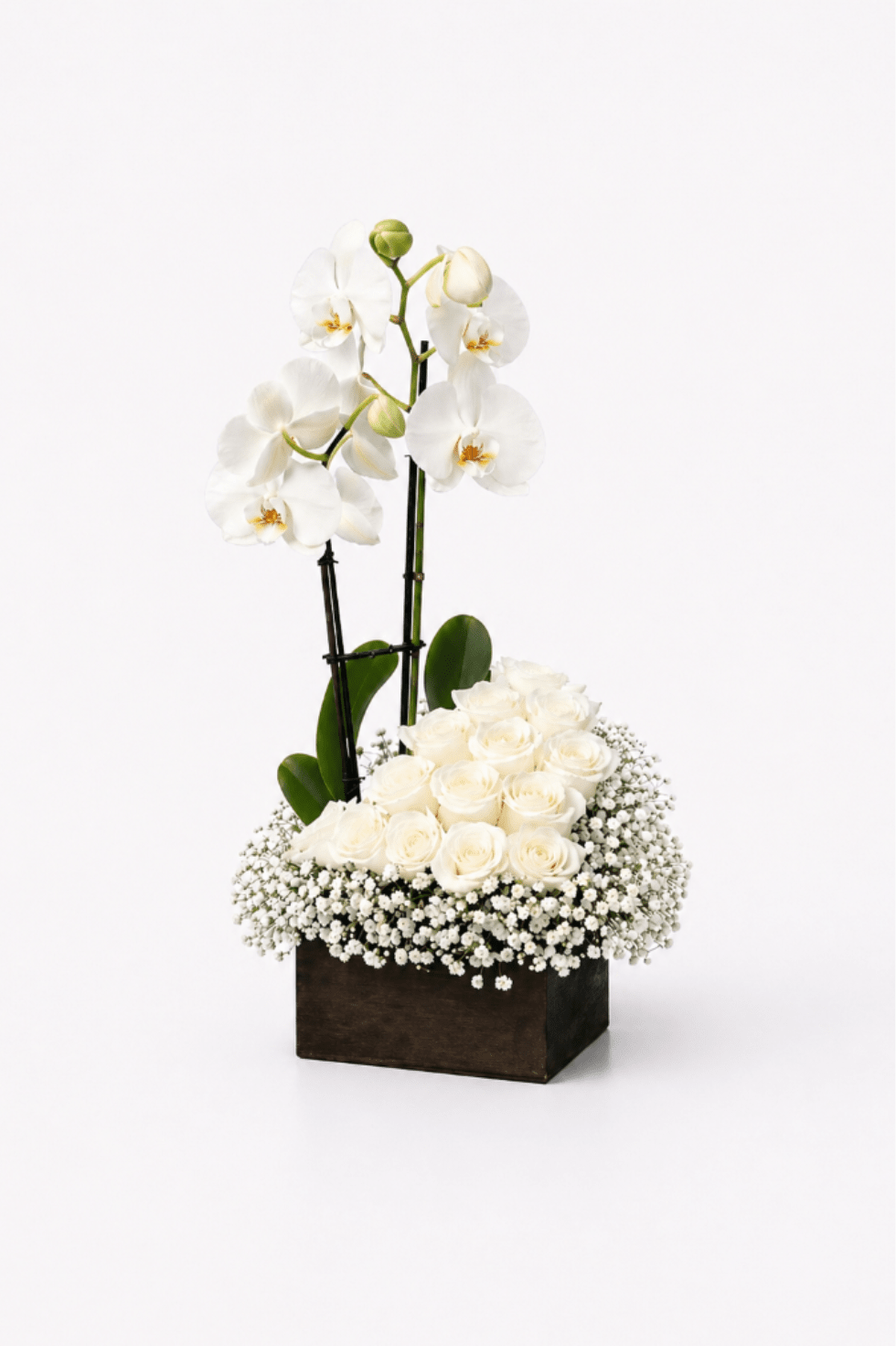 White orchids and roses arranged in a square wooden container