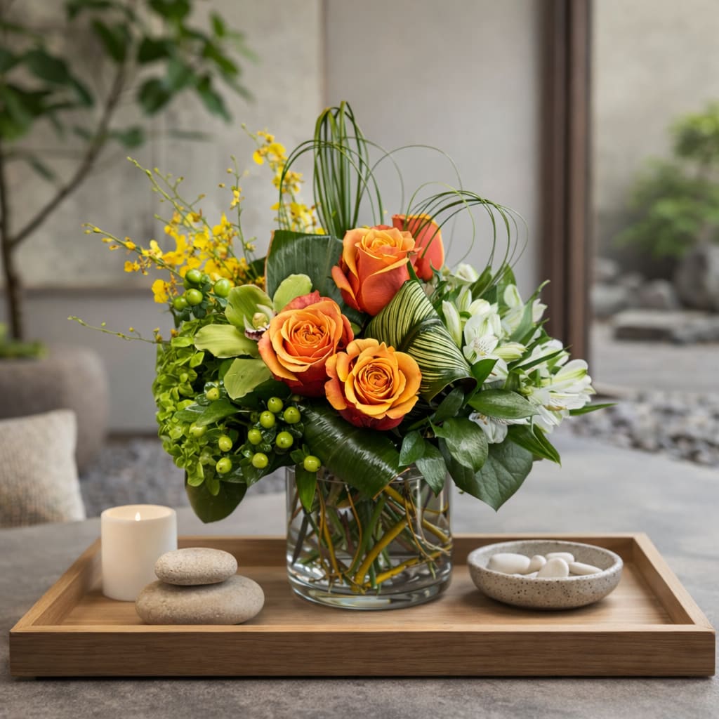 The Verdes Reserve  - A modern, leaf-lined composition featuring Cherry Brandy roses, green hydrangea, cymbidium orchids, and white alstroemeria, accented with oncidium, coffee berry, and sculptural foliage.    Refined, balanced, and inspired by the quiet luxury of the Palos Verdes coastline.