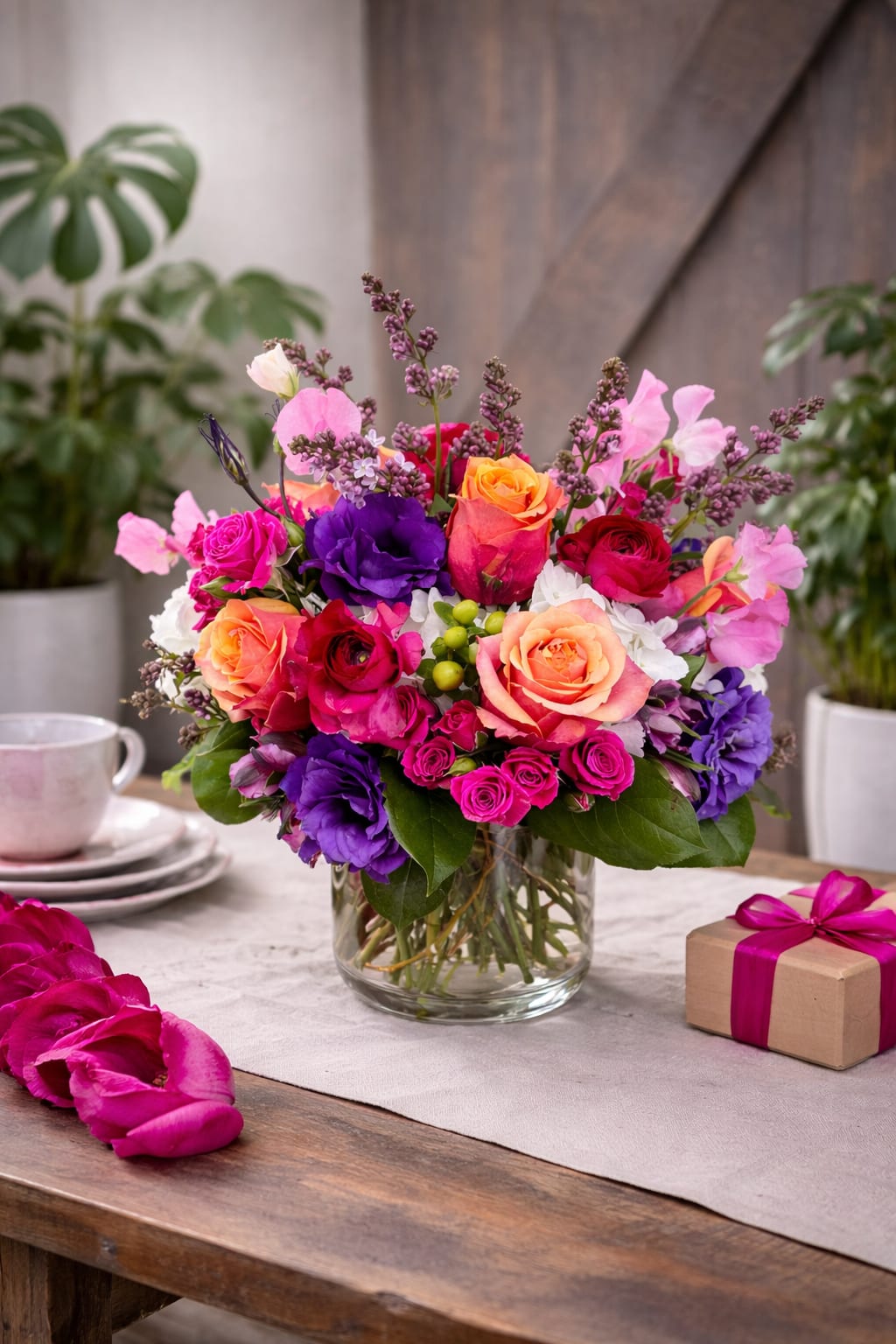 Lunada - Inspired by the Palos Verdes coastline, this arrangement layers roses, ranunculus, lisianthus, hydrangea, lilac, sweet peas, spray roses, and alstroemeria into a soft, textural composition with natural movement and depth.