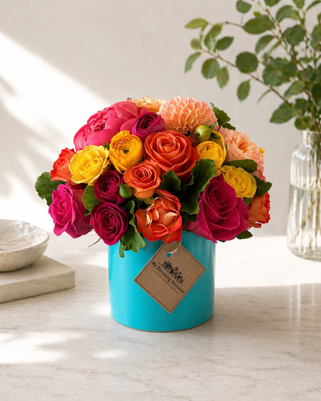 Summer Radiance – Cheerful Summer Flowers (Los Angeles Florist) - Summer Radiance Arrangement Bring sunshine indoors with our Summer Radiance Arrangement by My Blooming Business. Bursting with vibrant, bold blooms in a stylish aqua ceramic vase, this joyful floral design features a radiant mix of pink roses, pink peonies, pink tulips, yellow spray roses, peach roses, golden yarrow, and lush seasonal greenery.  Perfect for brightening a someone sick, celebrations, or simply saying “you matter,” this cheerful arrangement captures the warmth and beauty of summer in every petal.  Available for same-day flower delivery in Los Angeles, this best-selling floral gift adds instant color and happiness to any space.