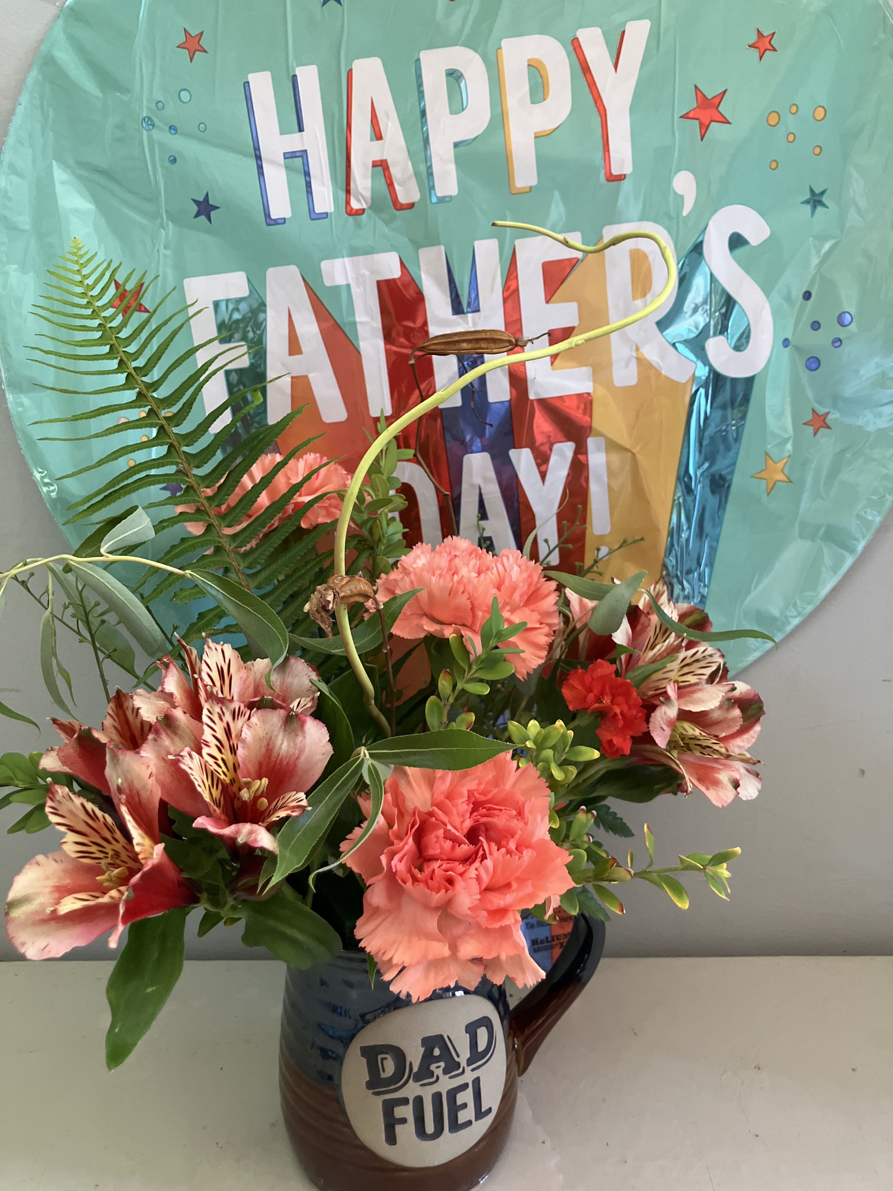 Fathers Day Mug and Balloon - Beautiful pottery style mug for dad, fresh flowers a snickers bar and a classy Mylar balloon! 