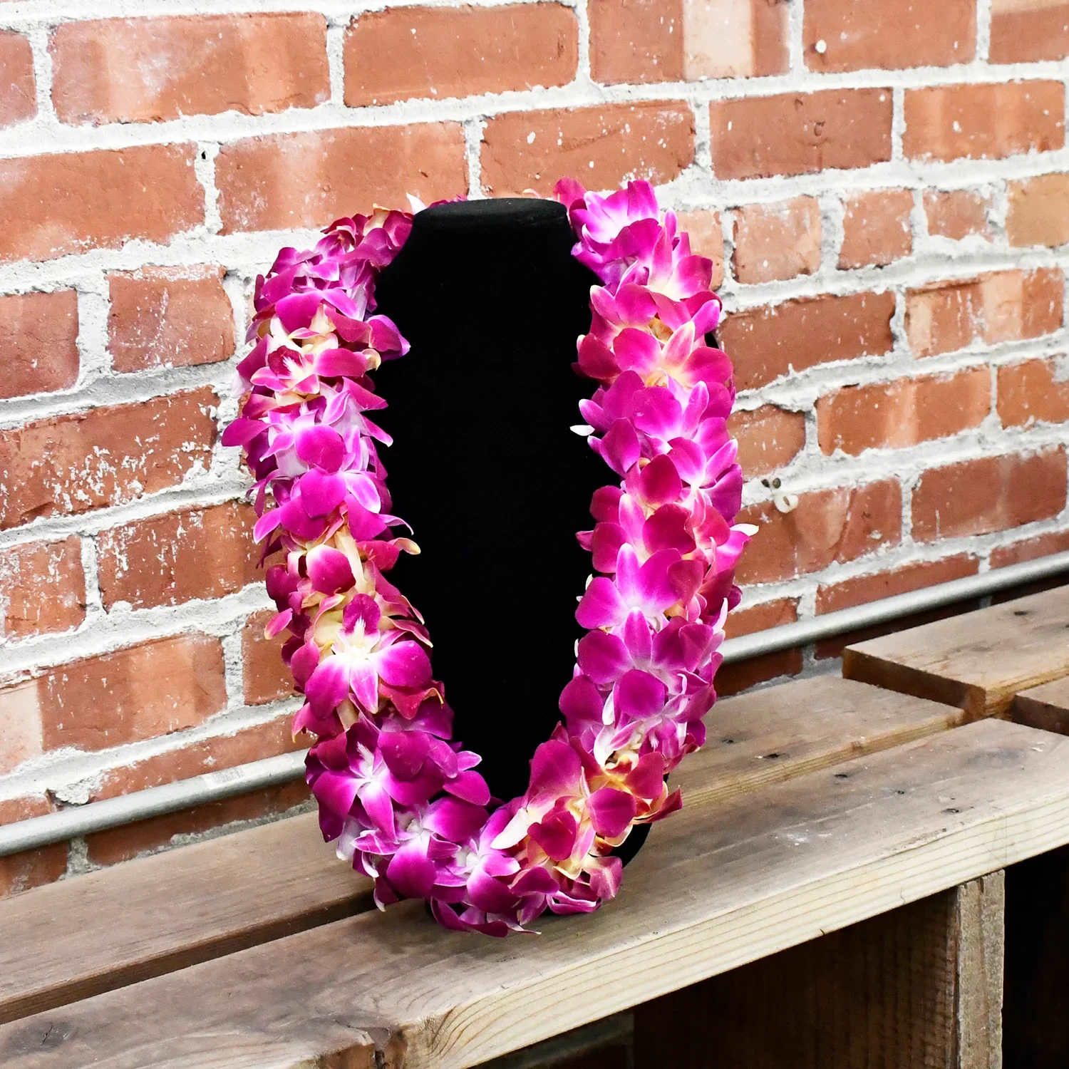 Pink orchid lei draped over a black display bust