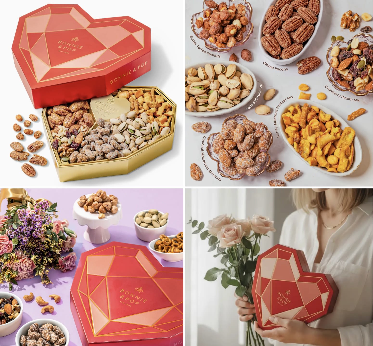 Heart Box with Gourmet Nuts - Carefully curated selection combines sweet and savory flavors with premium quality nuts including almonds, cashews, pistachios, peanuts, walnuts, and dried cranberries.